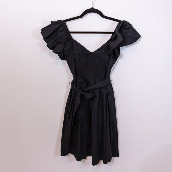 NEW Hill House Ana Smocked Stretch Ruffle Belted Mini Dress Black Cotton Poplin