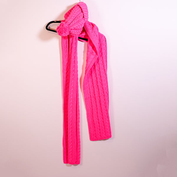 NEW Lane Bryant Cable Knit Stretch Pom Pom Beanie Scarf Wrap Set Knockout Pink