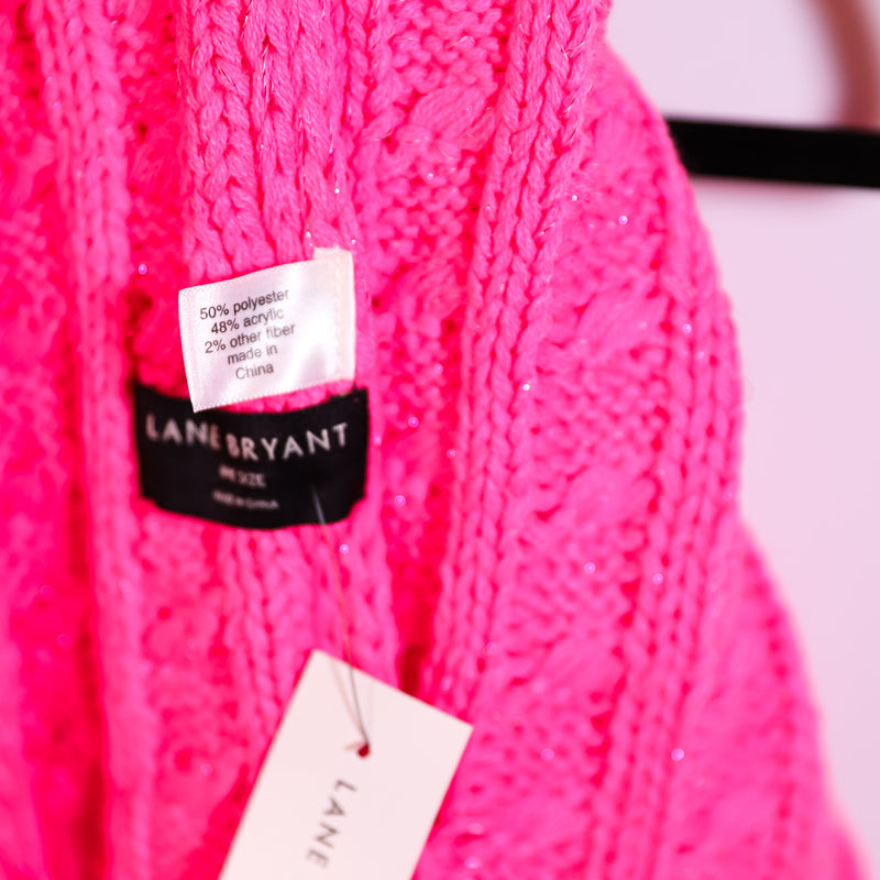 NEW Lane Bryant Cable Knit Stretch Pom Pom Beanie Scarf Wrap Set Knockout Pink