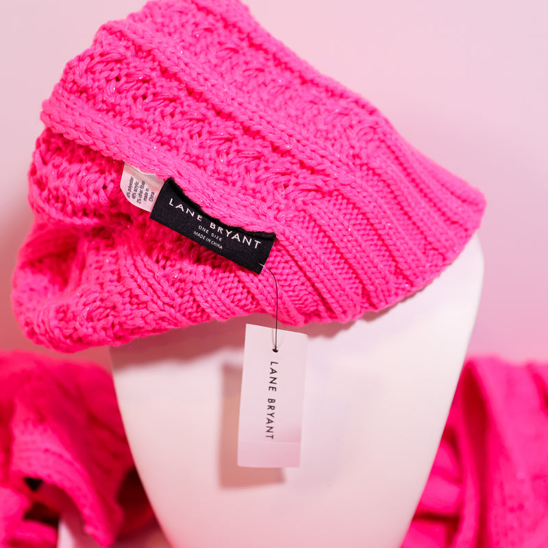 NEW Lane Bryant Cable Knit Stretch Pom Pom Beanie Scarf Wrap Set Knockout Pink