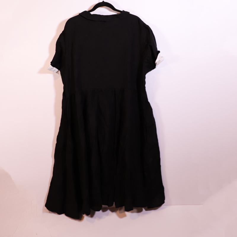 Son De Flor Mini Classic Short Sleeve Linen Collared Button Front Dress Black 1X