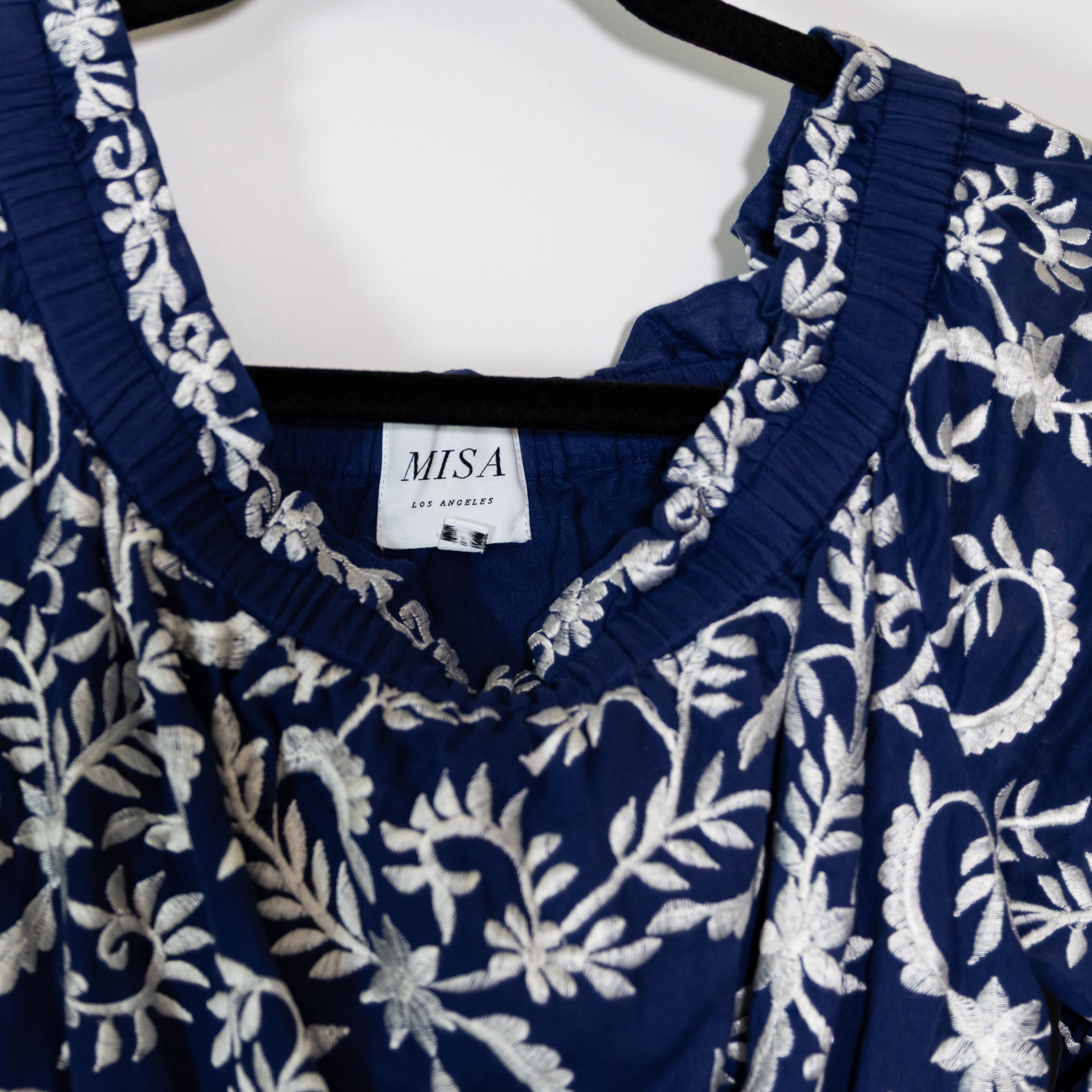 Misa Lilou Embroidered Off The Shoulder Cotton Midi Navy Blue White Dress Medium