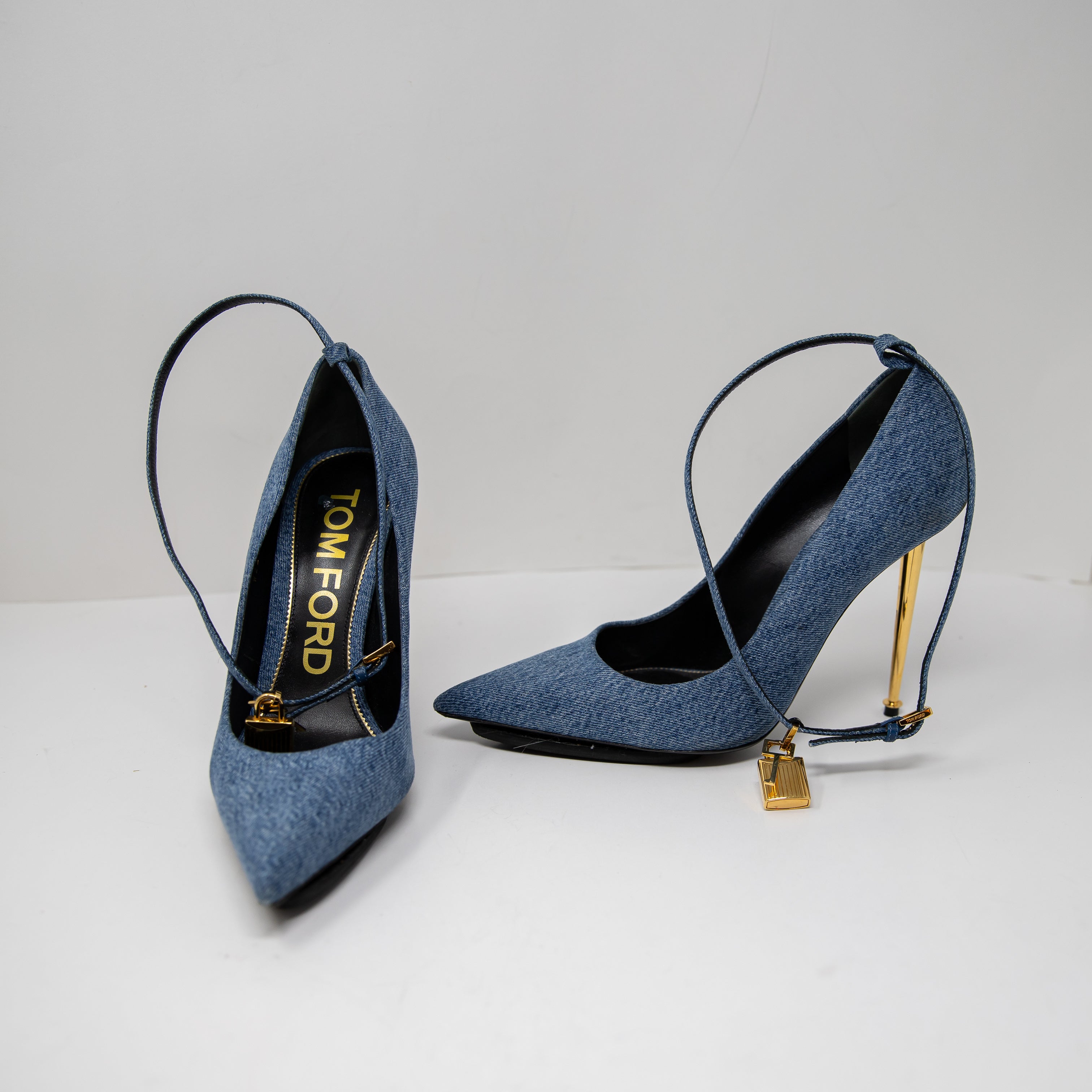 Tom Ford 105mm Denim Jean Padlock Ankle Wrap Stiletto Pumps Heels Shoes Blue 10