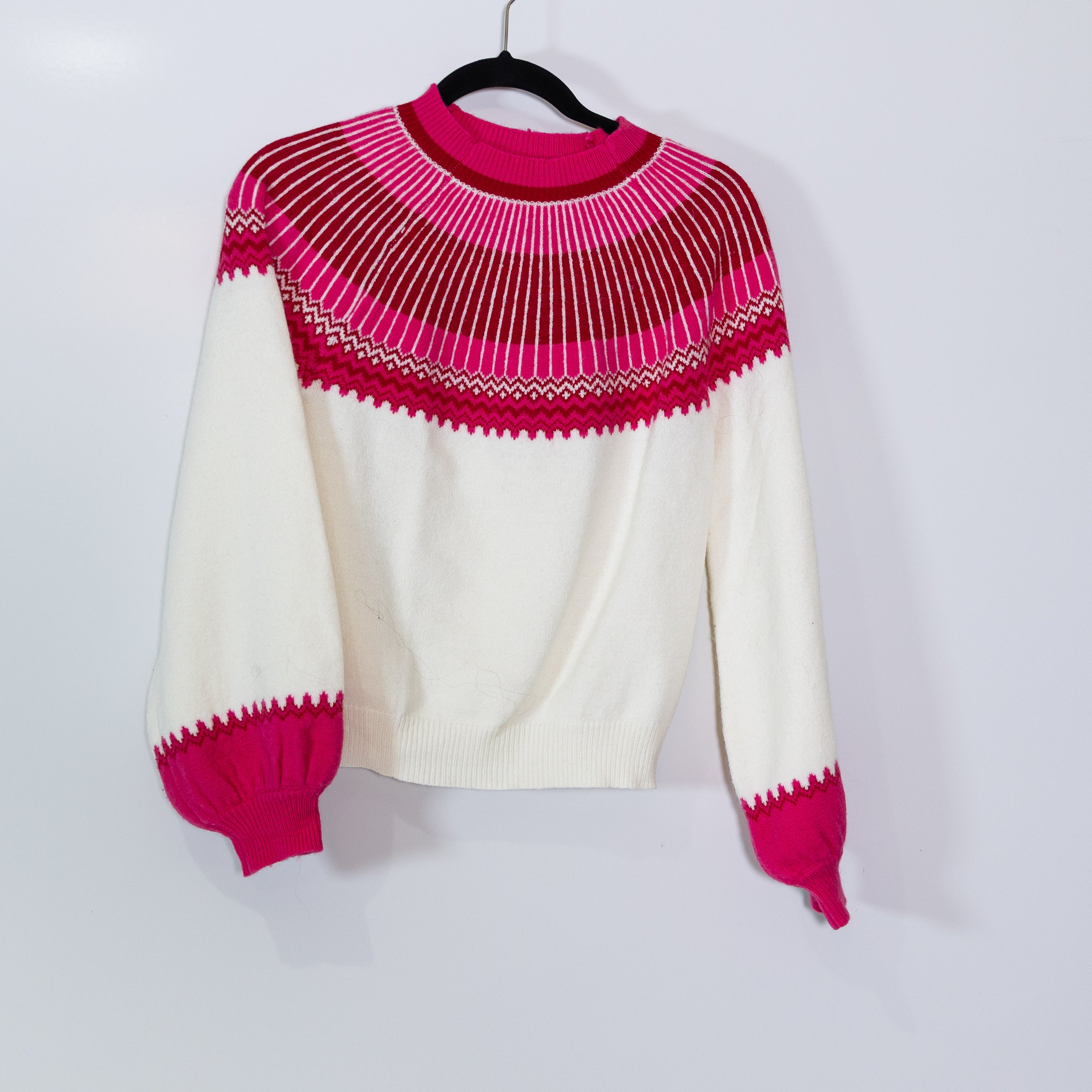 Hyacinth House Dove Fair Isle Pink Print Pattern Mock Neck Pullover Sweater XXS