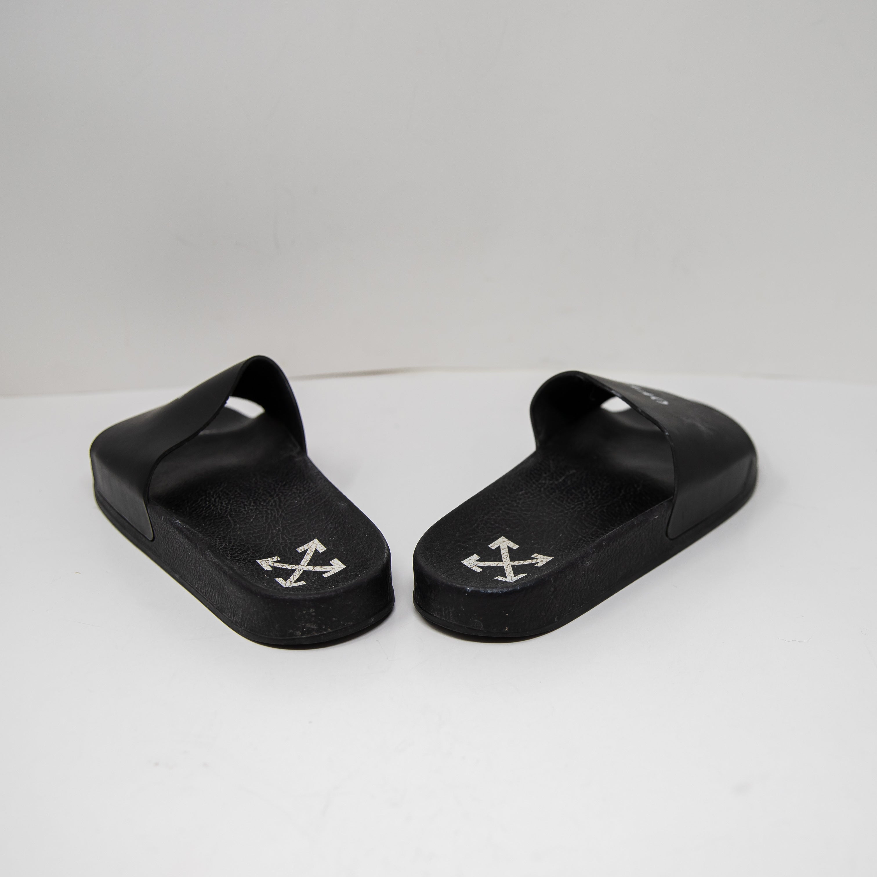 OFF-WHITE Women's Made In Italy Rubber Logo Slip On Flats Sandals Shoes Black 10