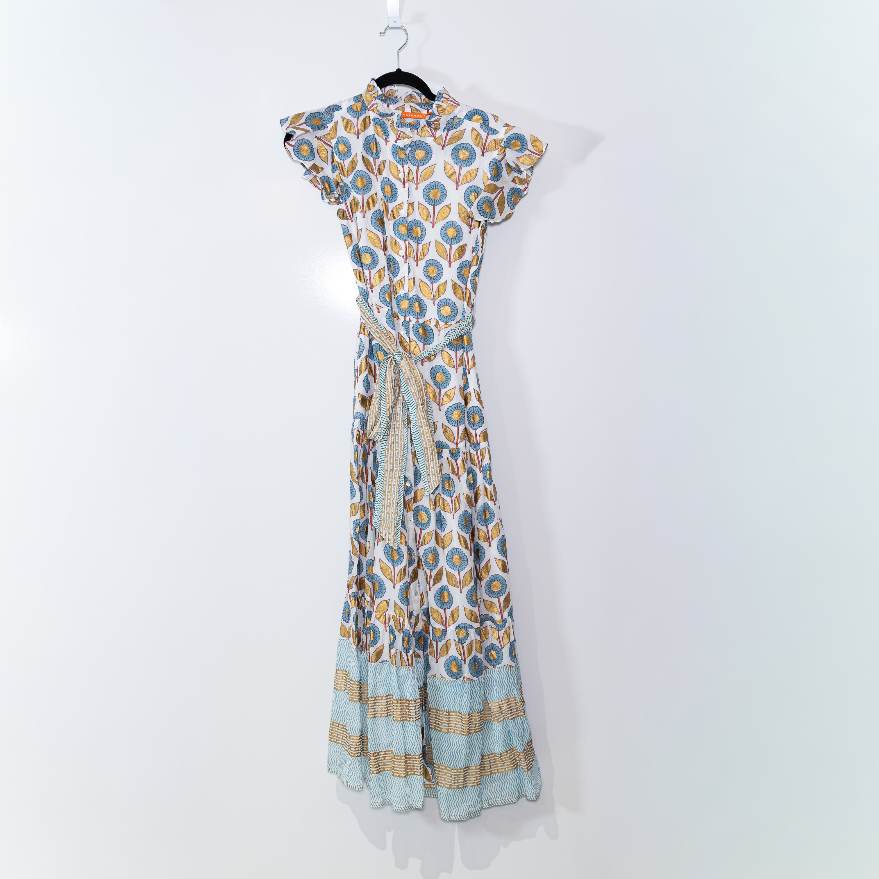 Oliphant Touraine Ruffle Collar Button Front Belted Cotton Voile Maxi Dress XS