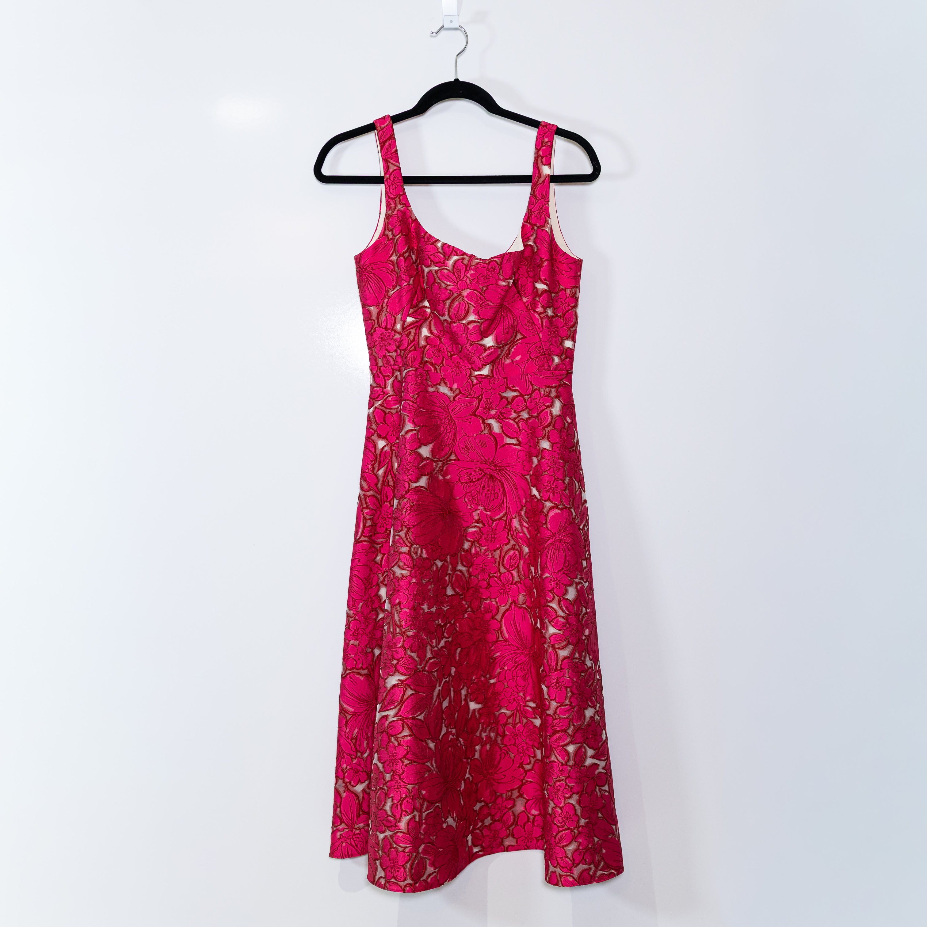 NEW Lela Rose Scoop Neck Bodice Midi Dress Cut Out Lace Overlay Fuchsia Floral 2