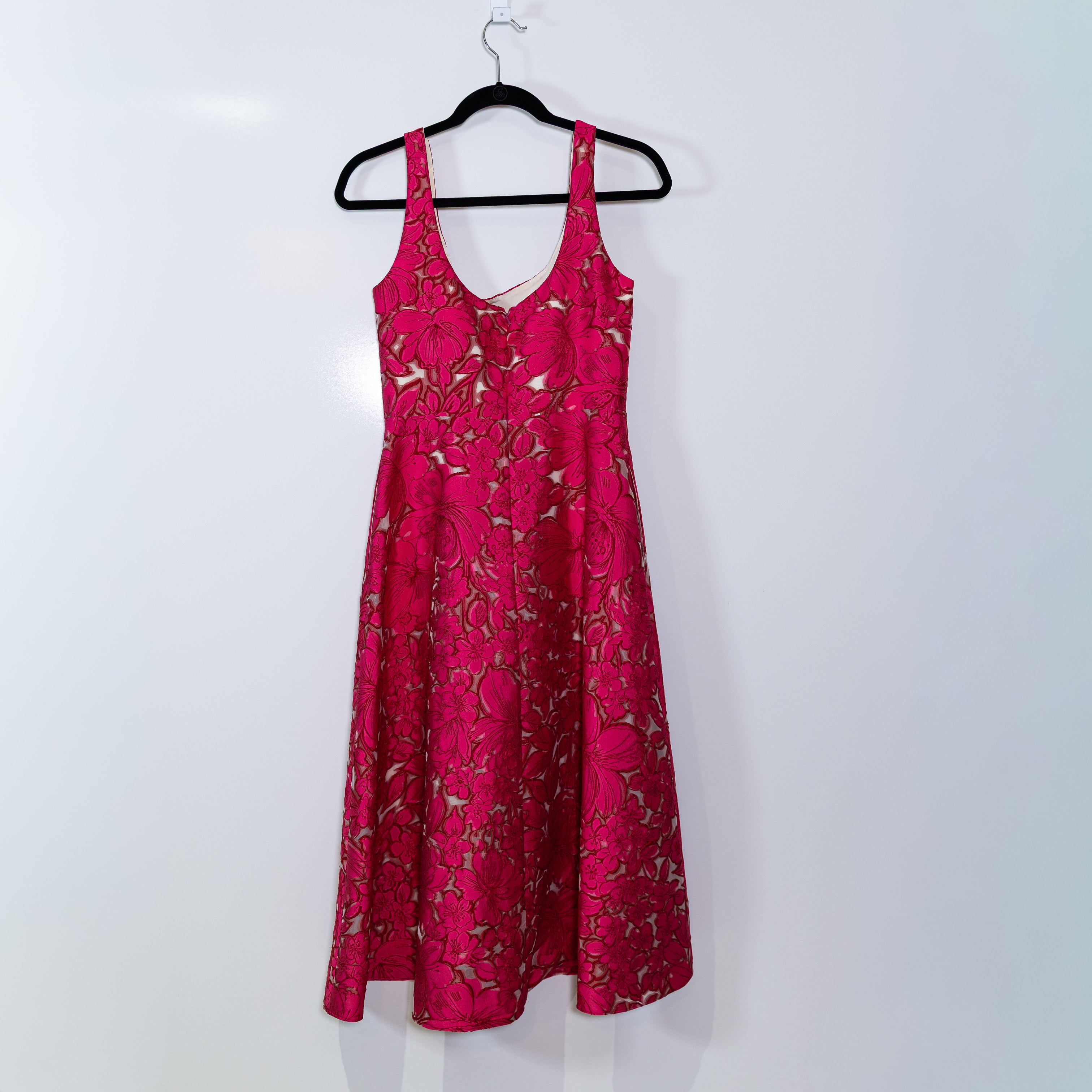 NEW Lela Rose Scoop Neck Bodice Midi Dress Cut Out Lace Overlay Fuchsia Floral 2