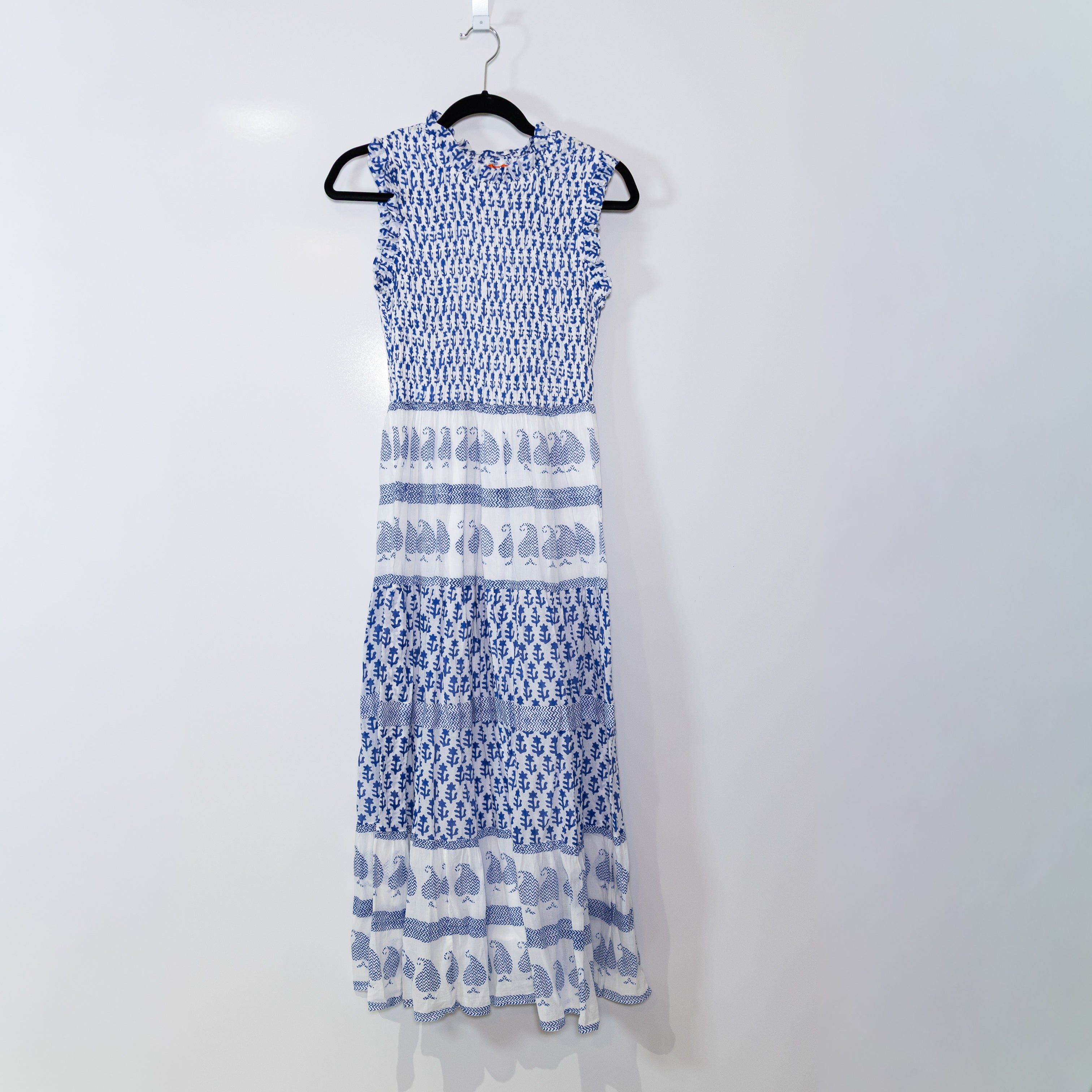 Oliphant Exclusive Flora Blue Print Sleeveless Smocked Cotton Maxi Dress Small