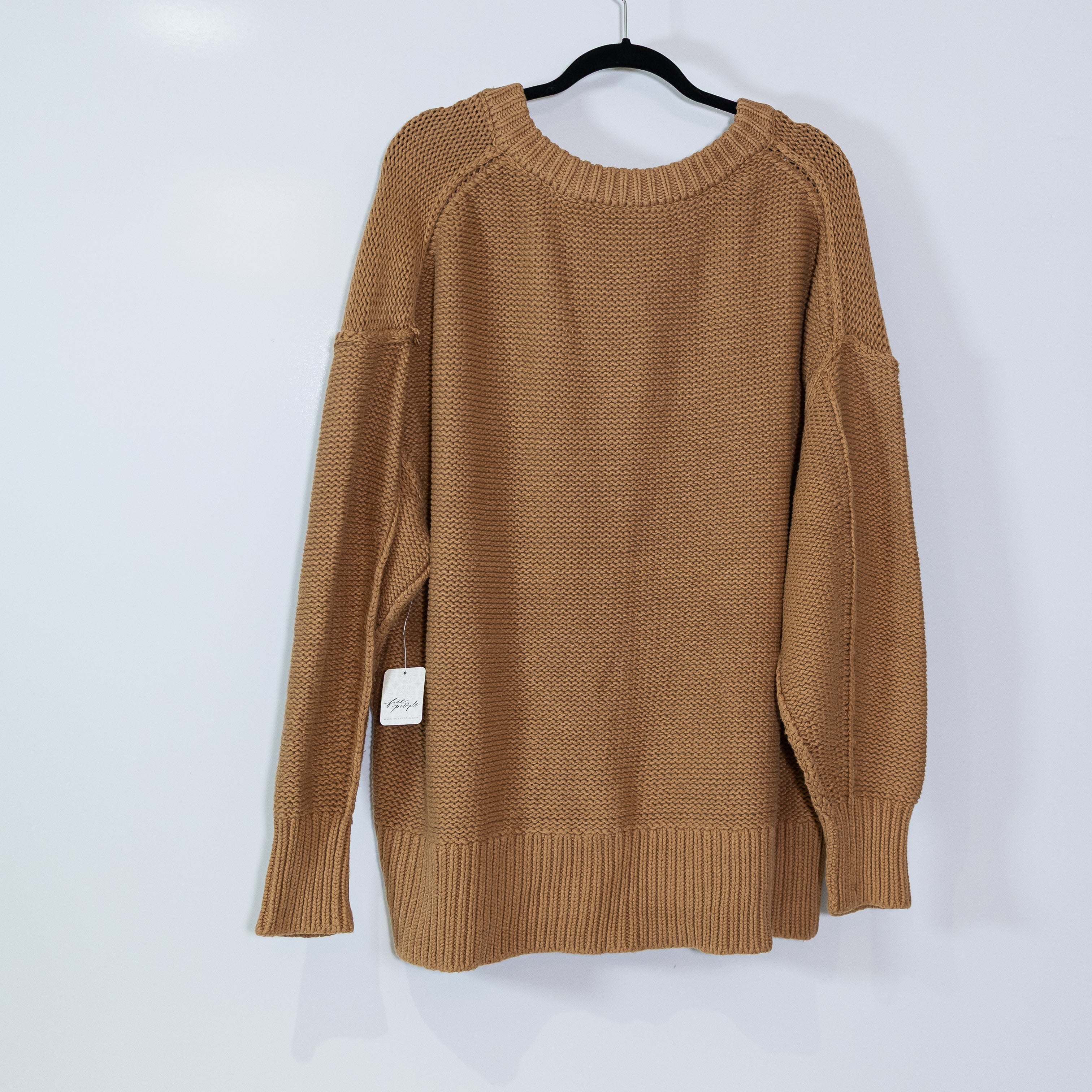NEW Free People Alli Cotton Blend Chunky Knit V Neck Pullover Sweater Camel S