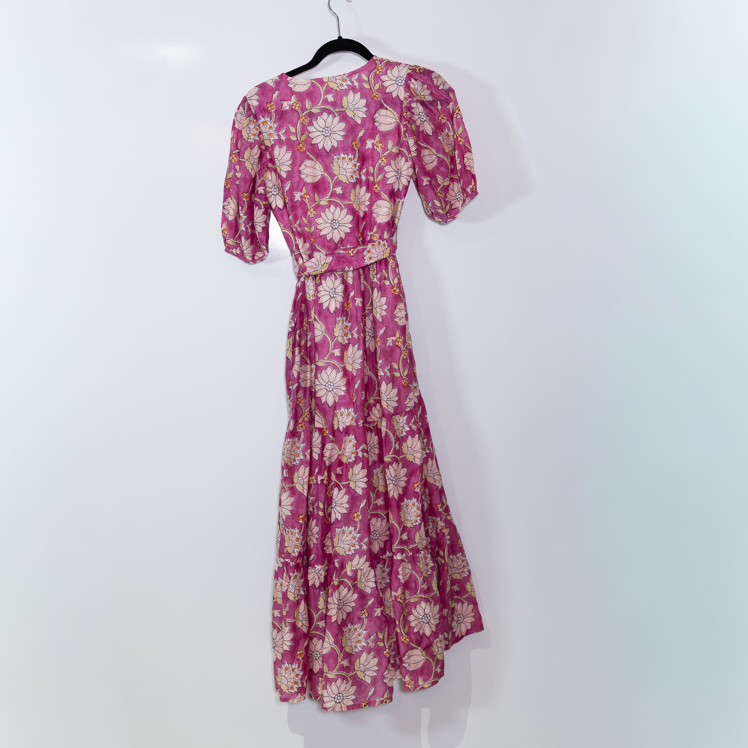 Oliphant Cotton V Neck Lightweight Tiered Belted Floral Print Pattern Maxi Dress