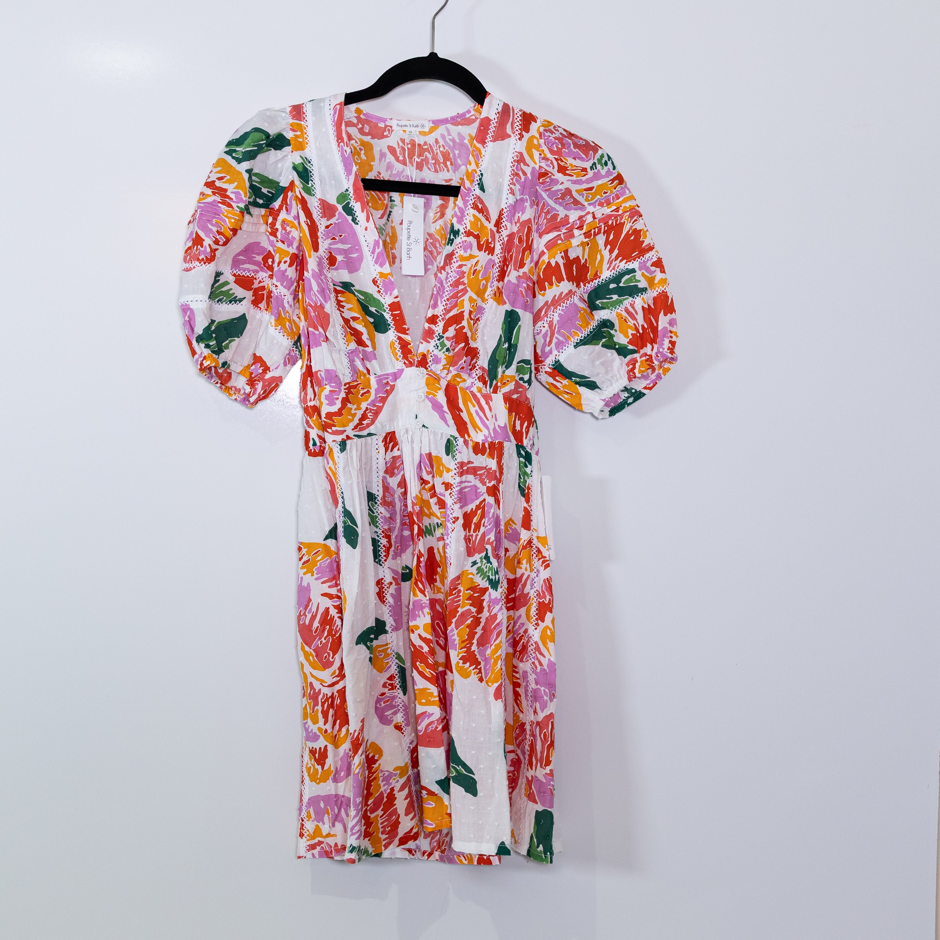 NEW Poupette St Barth Reina Tropical Orange Macro Peony Cotton Mini Dress XS
