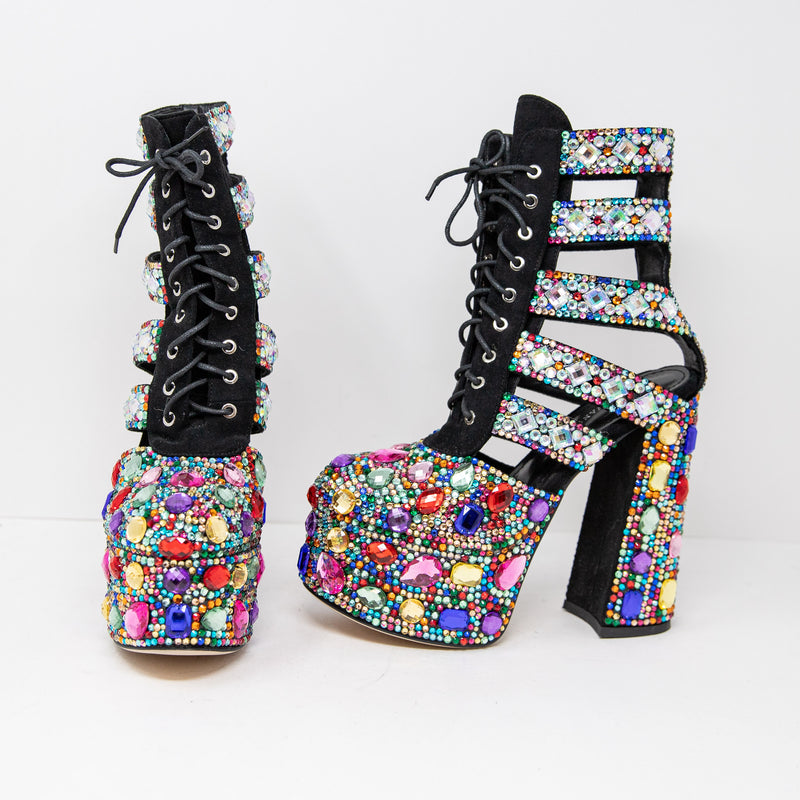 NEW Azalea Wang Stomp Multi Crystal Jewel Diamond Embellished Platform Heel Shoe