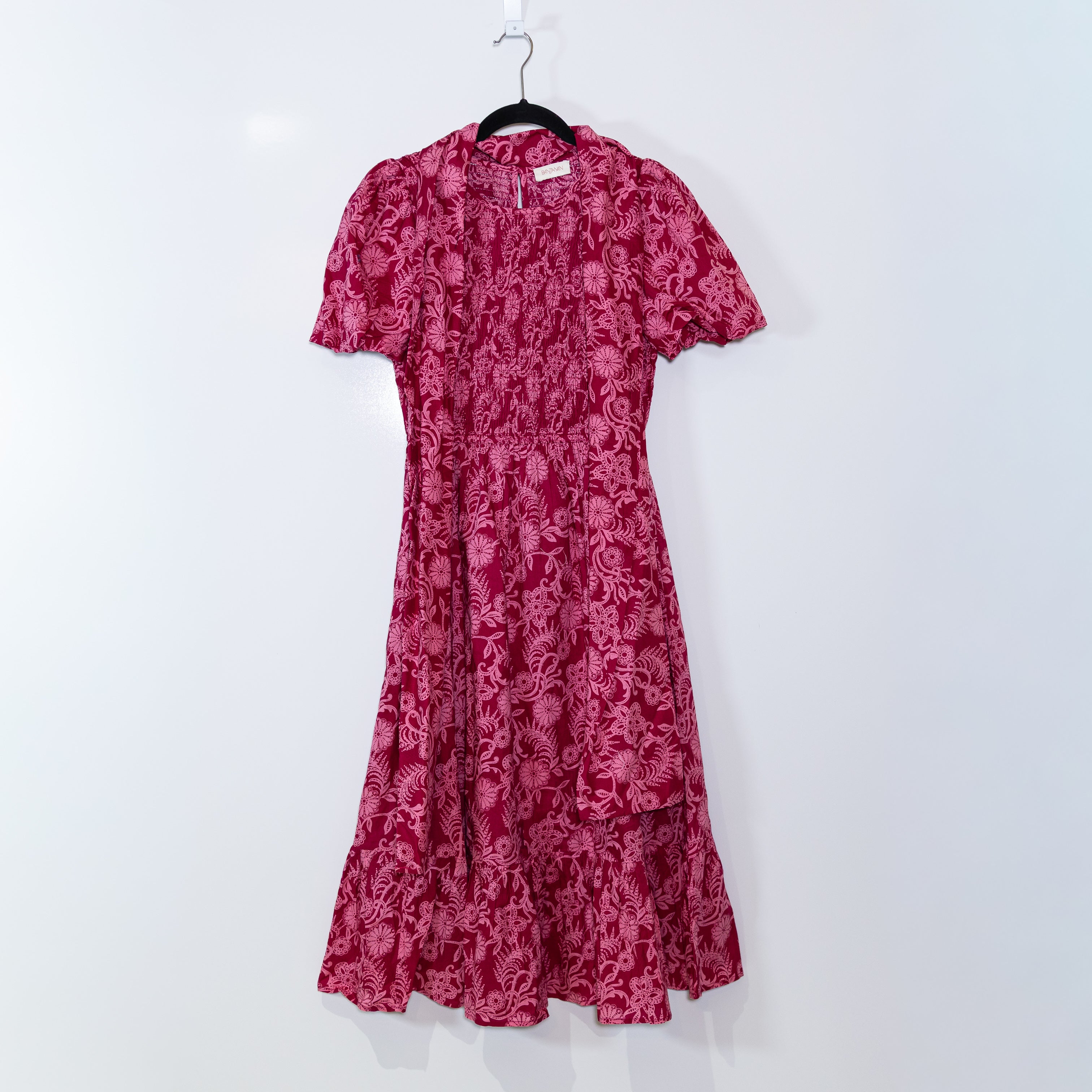 Banjanan Quant Shirred Smocked Bodice Cotton Poplin Midi Dress Pink Pattern S