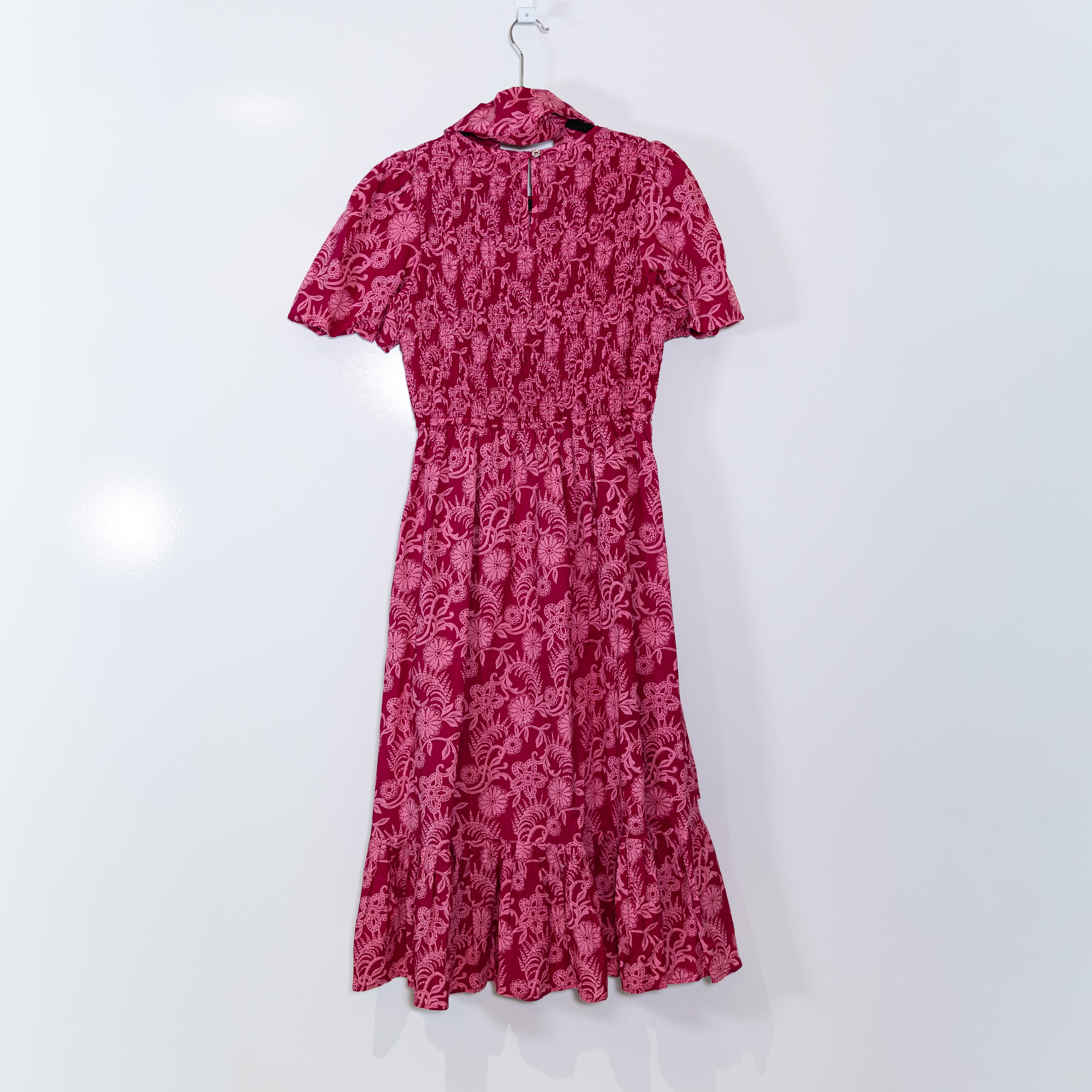 Banjanan Quant Shirred Smocked Bodice Cotton Poplin Midi Dress Pink Pattern S