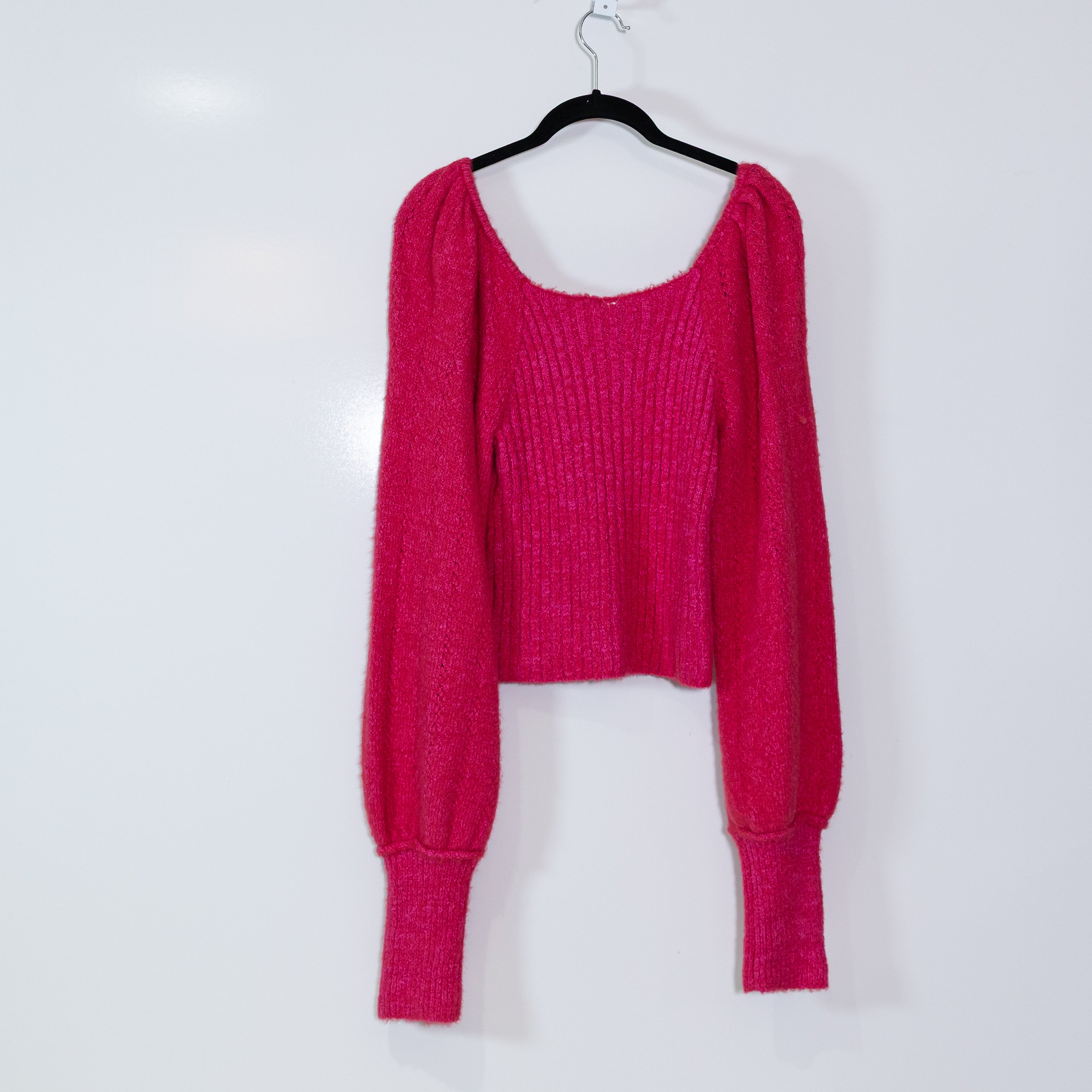 Free People Katie Ribbed Knit Brushed Puff Long Sleeves Pullover Sweater Magenta