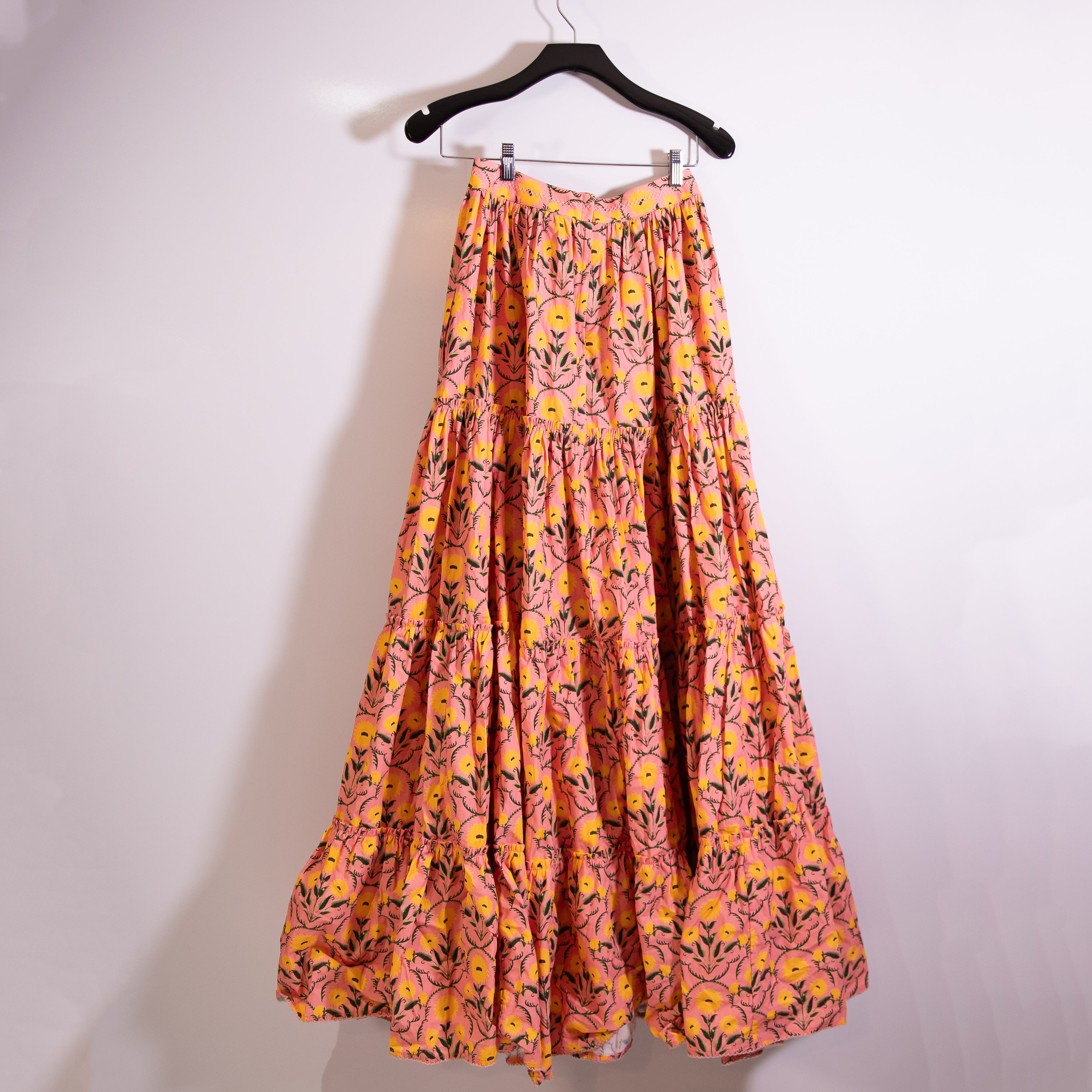 Agua Bendita Macadamia Mimosa Cotton Poplin Tiered Multi Color Maxi Skirt Small