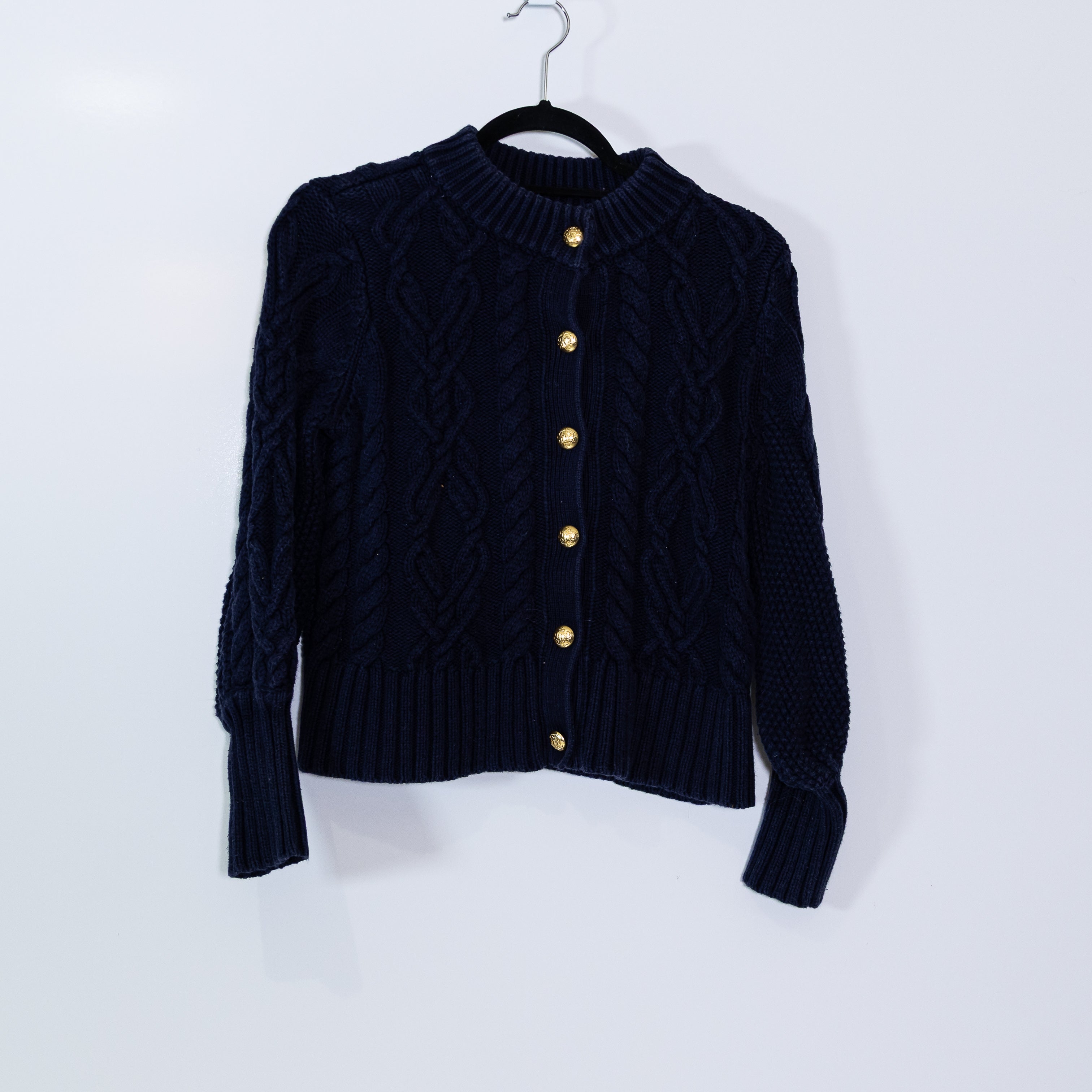 Tuckernuck Colette Cotton Blend Cable Knit Button Front Cardigan Navy Blue XS