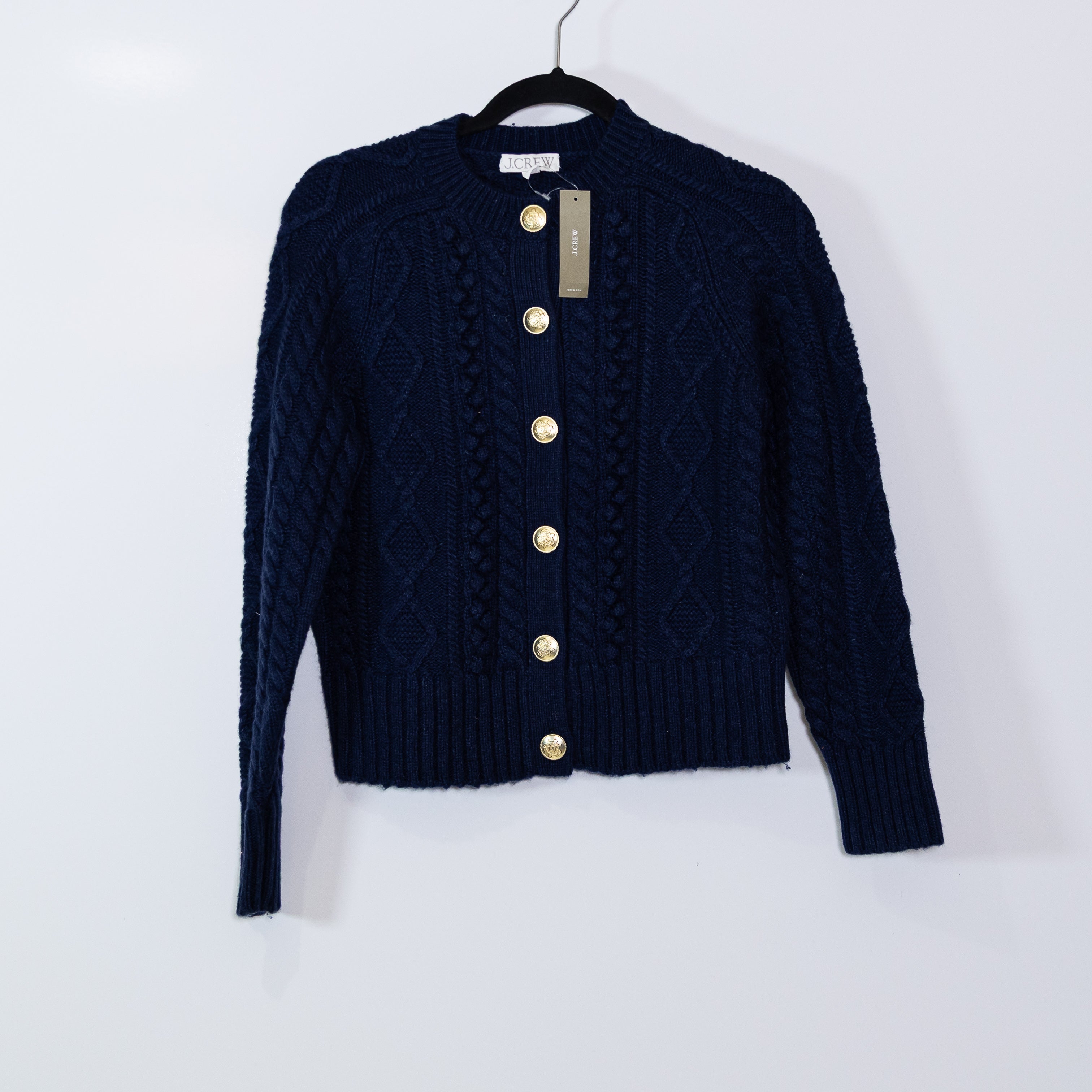 NEW J. Crew Wool Blend Cable Knit Collarless Cardigan Sweater Navy Blue Small