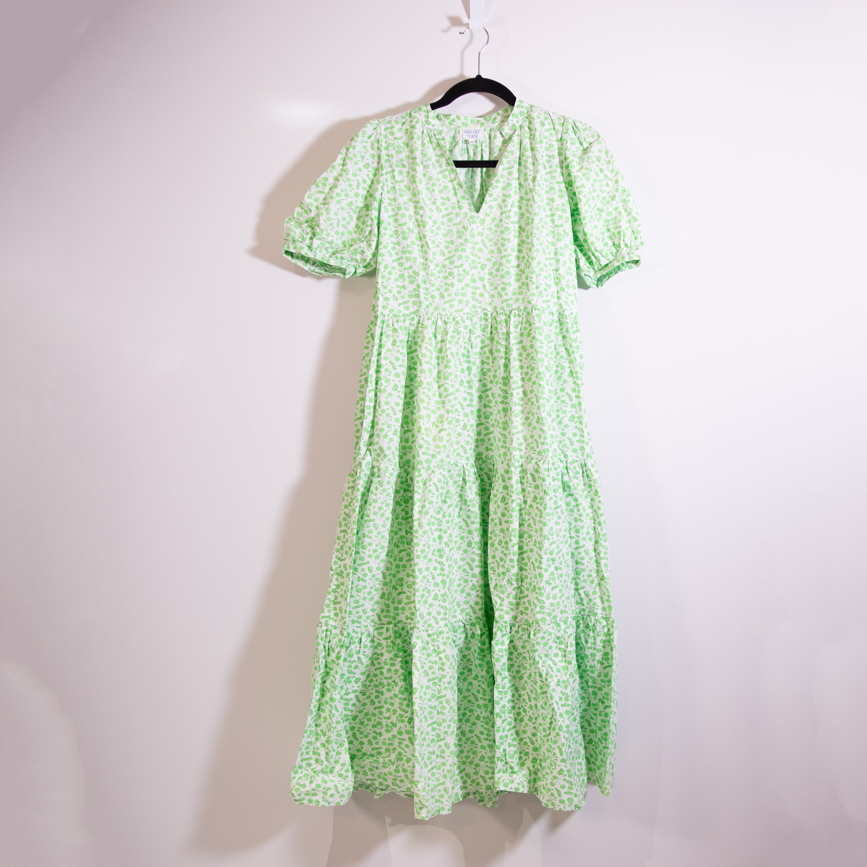 Pink City Prints Cotton Poplin Micro Green Floral Print Tiered Pullover Dress XS