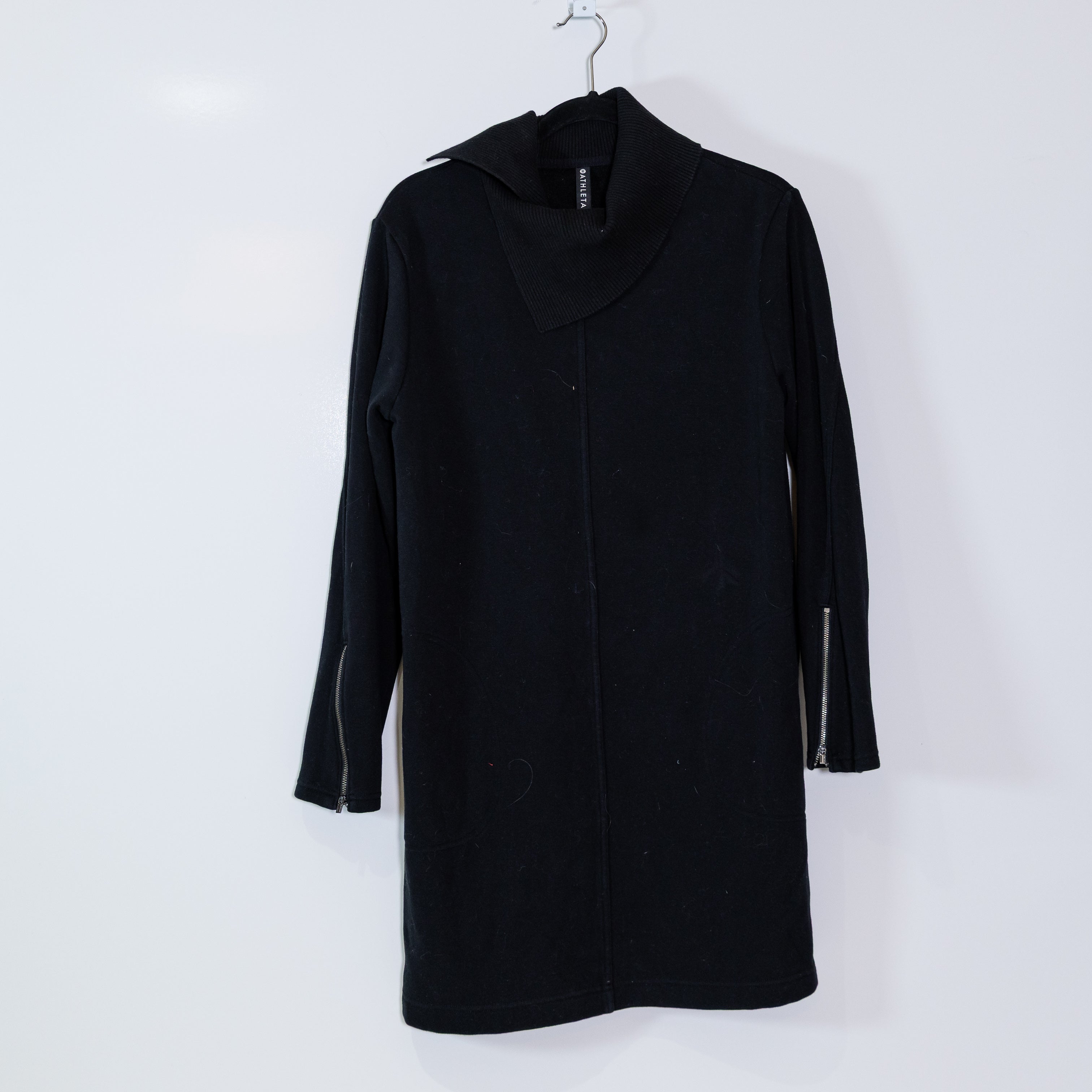 Athleta Karma Vela Cotton Blend Knit Stretch Fleece Lined Pullover Dress Black