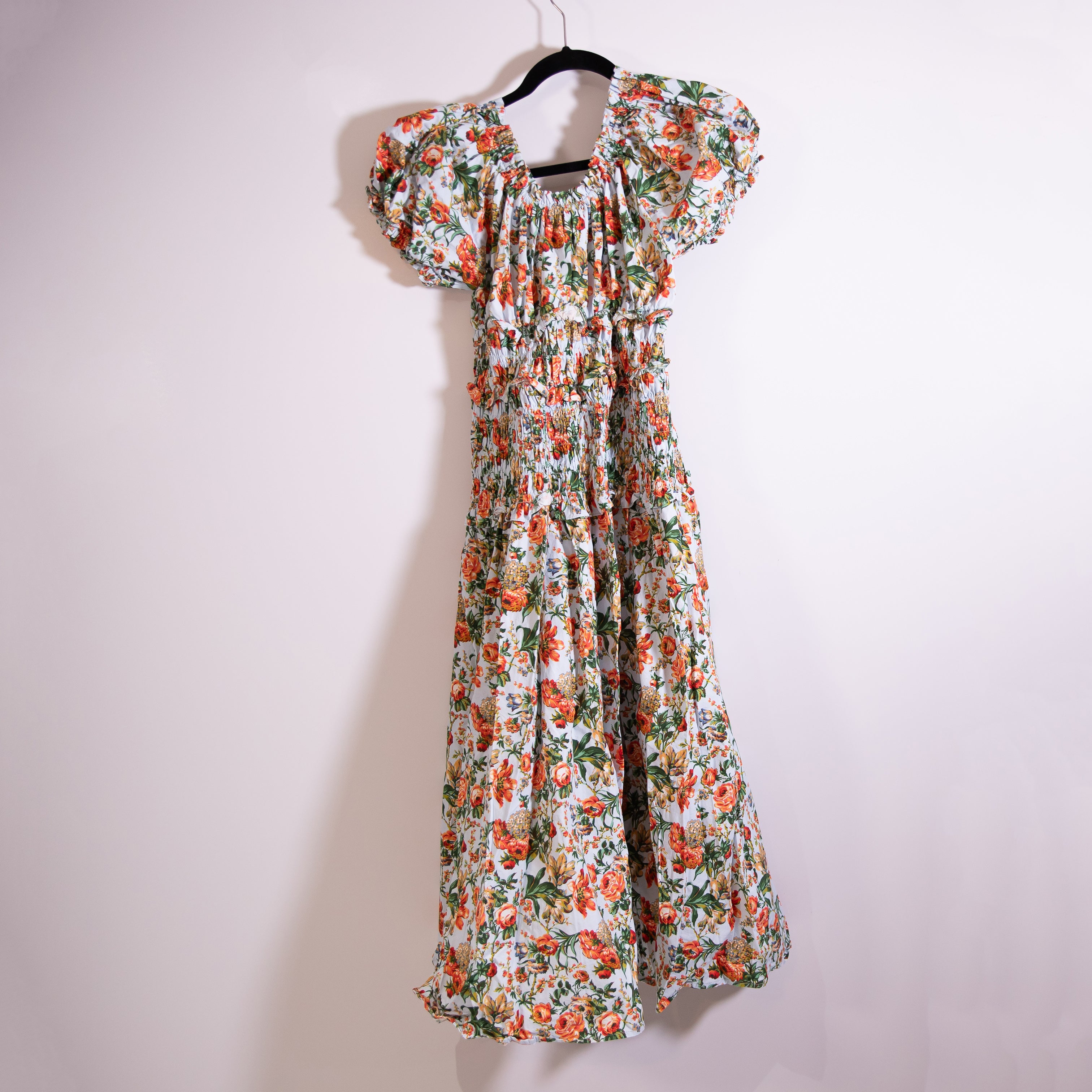 Doen Leanne Shirred Smocked Floral Print Cotton Voile Midi Dress Calico Garden S