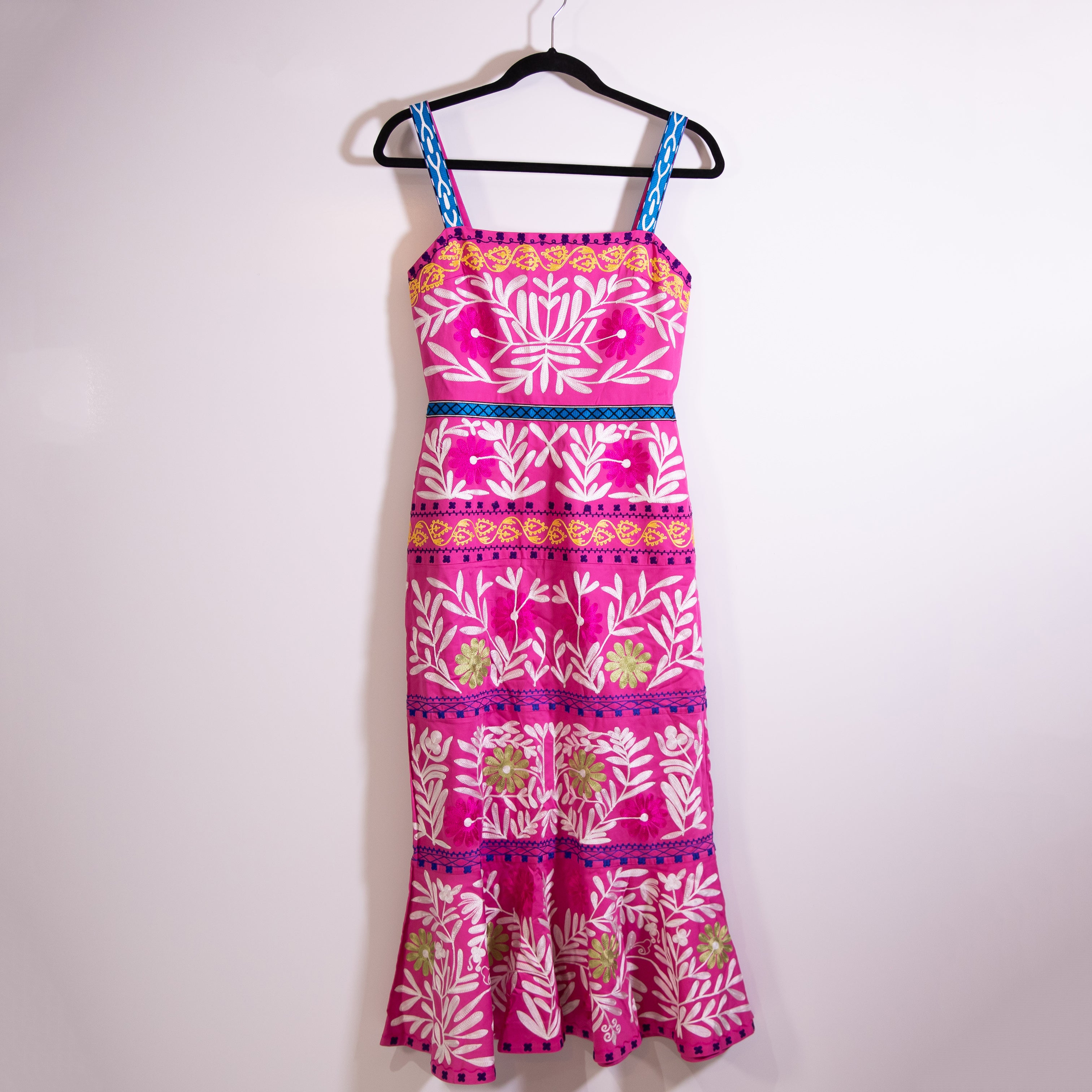 NEW Alexis Alora Square Neck Tank Tiered Embroidered Midi Dress Aurora Pink XS