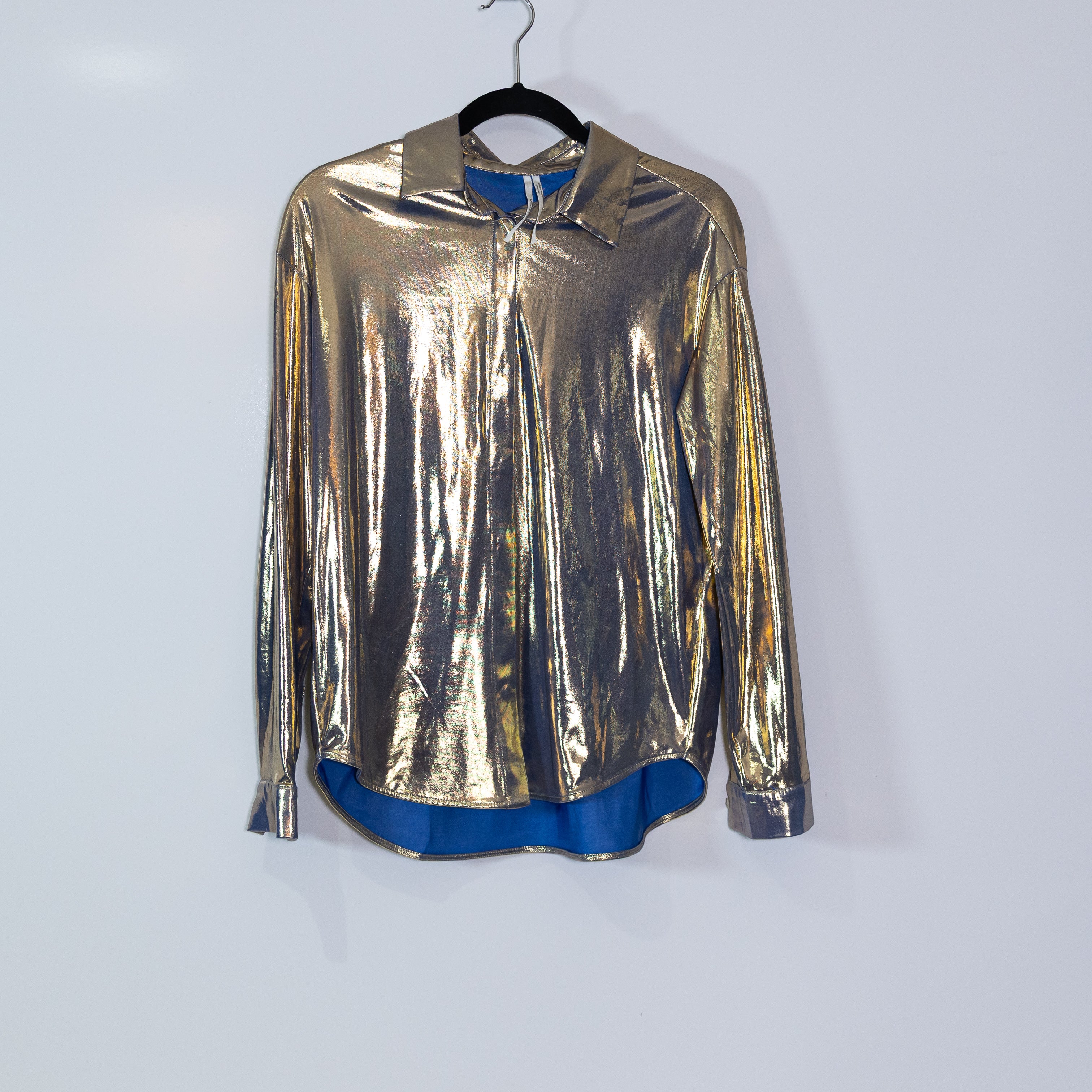 Anthropologie Shine Liquid Metallic Long Sleeve Collared Button Down Shirt Gold