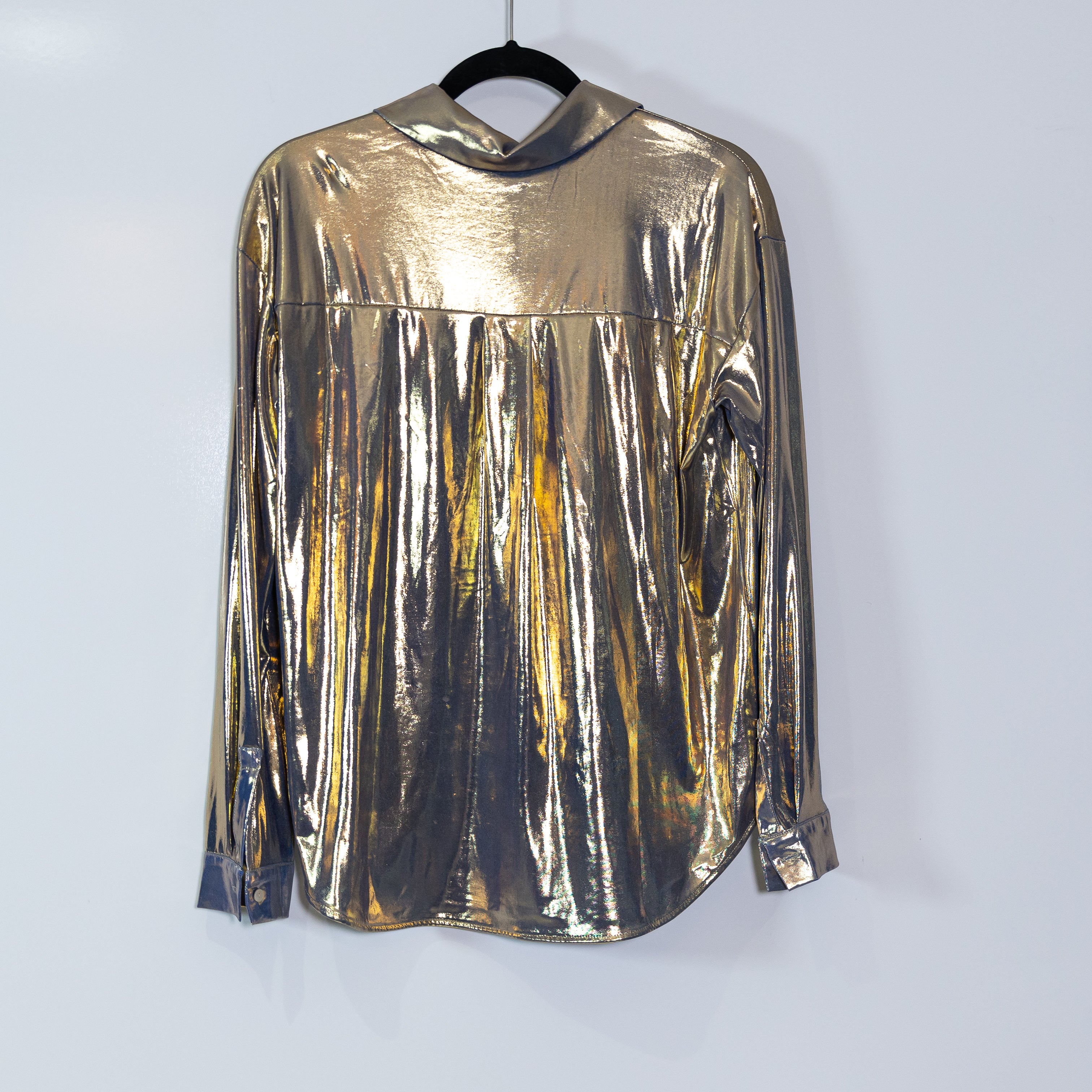 Anthropologie Shine Liquid Metallic Long Sleeve Collared Button Down Shirt Gold