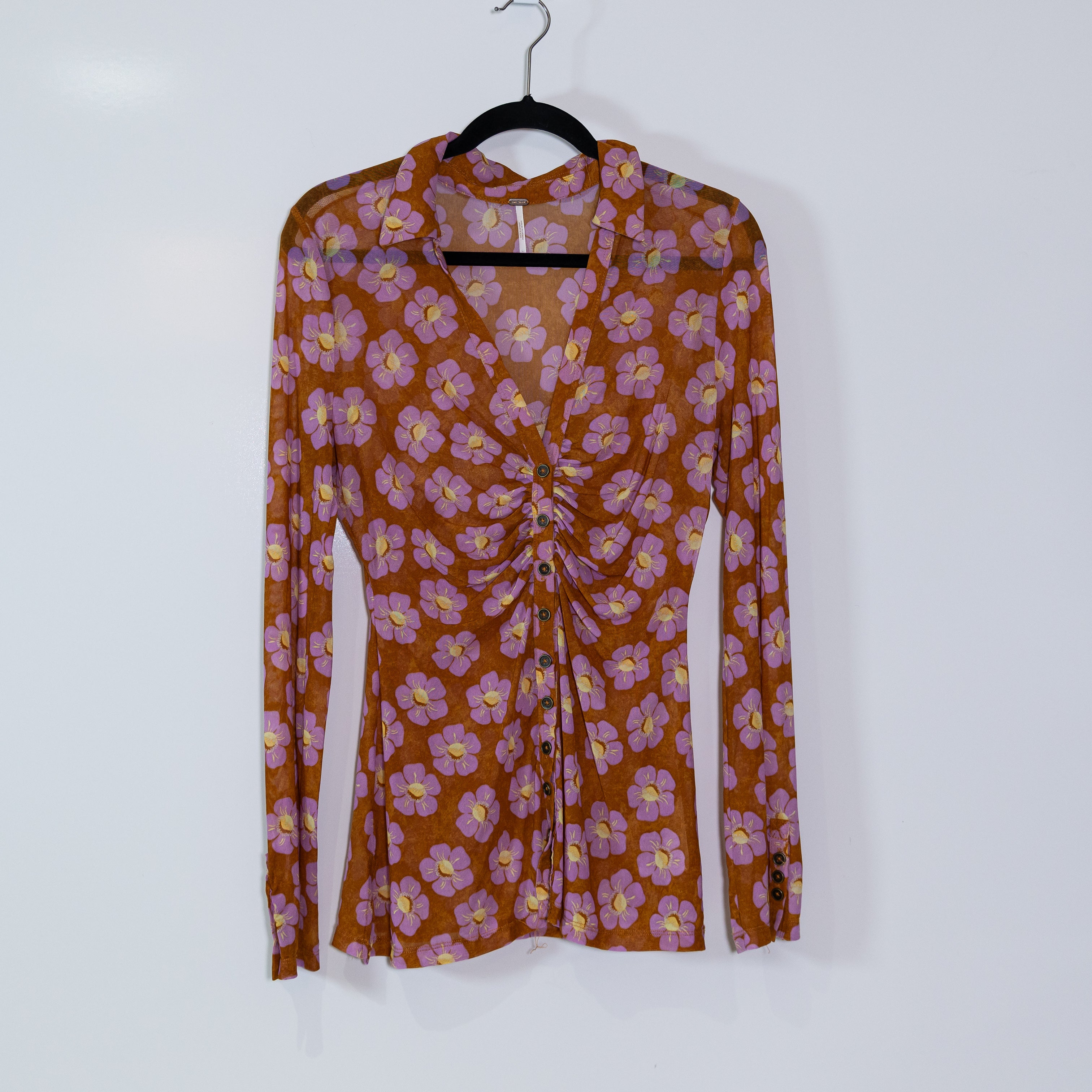 Free People Lucky Shirtee Ruched Mesh Button Up Floral Coffee Combo Blouse Top M