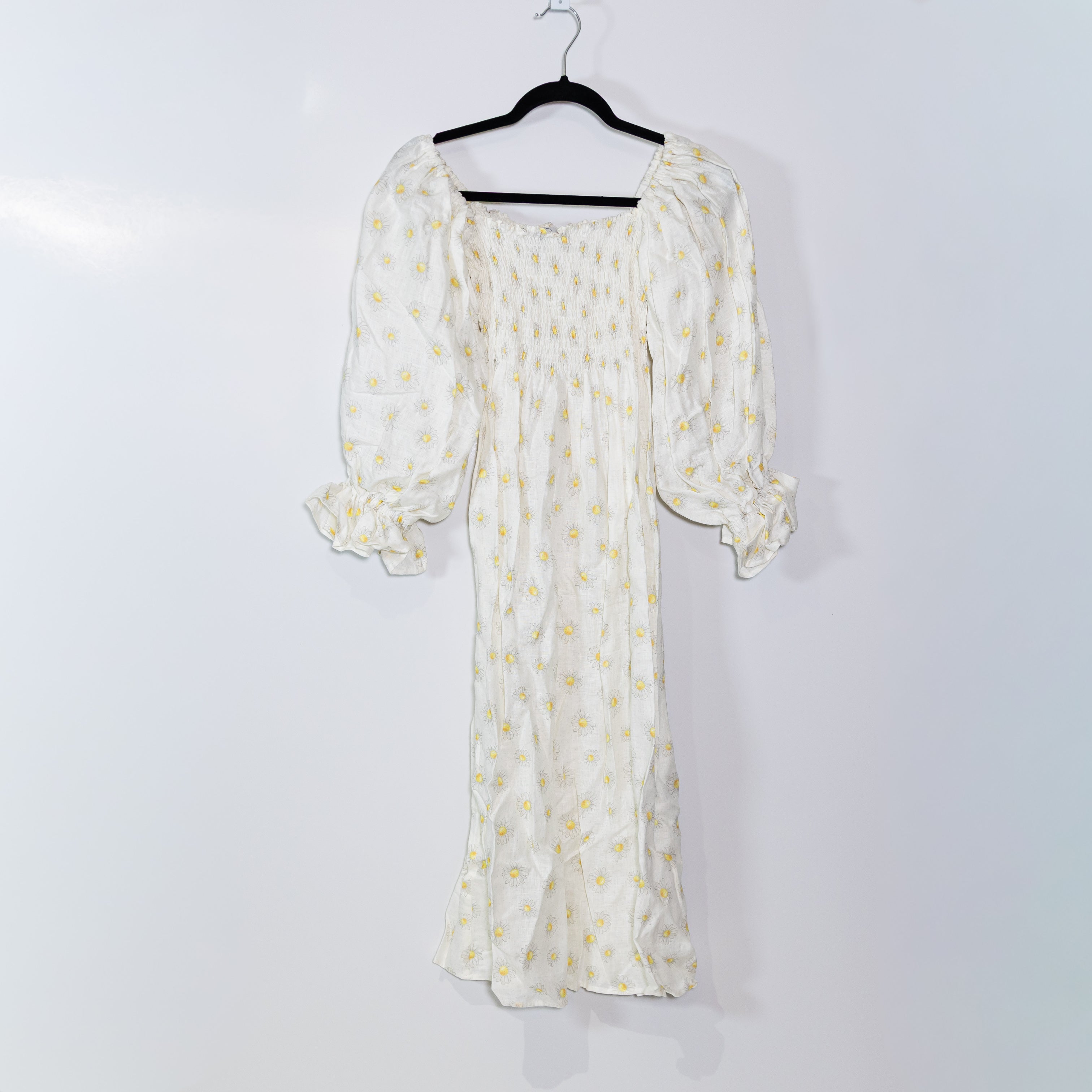 Sleeper Cha-Cha Linen Off The Shoulder Ruffled Resort Midi Dress Daisies Print S
