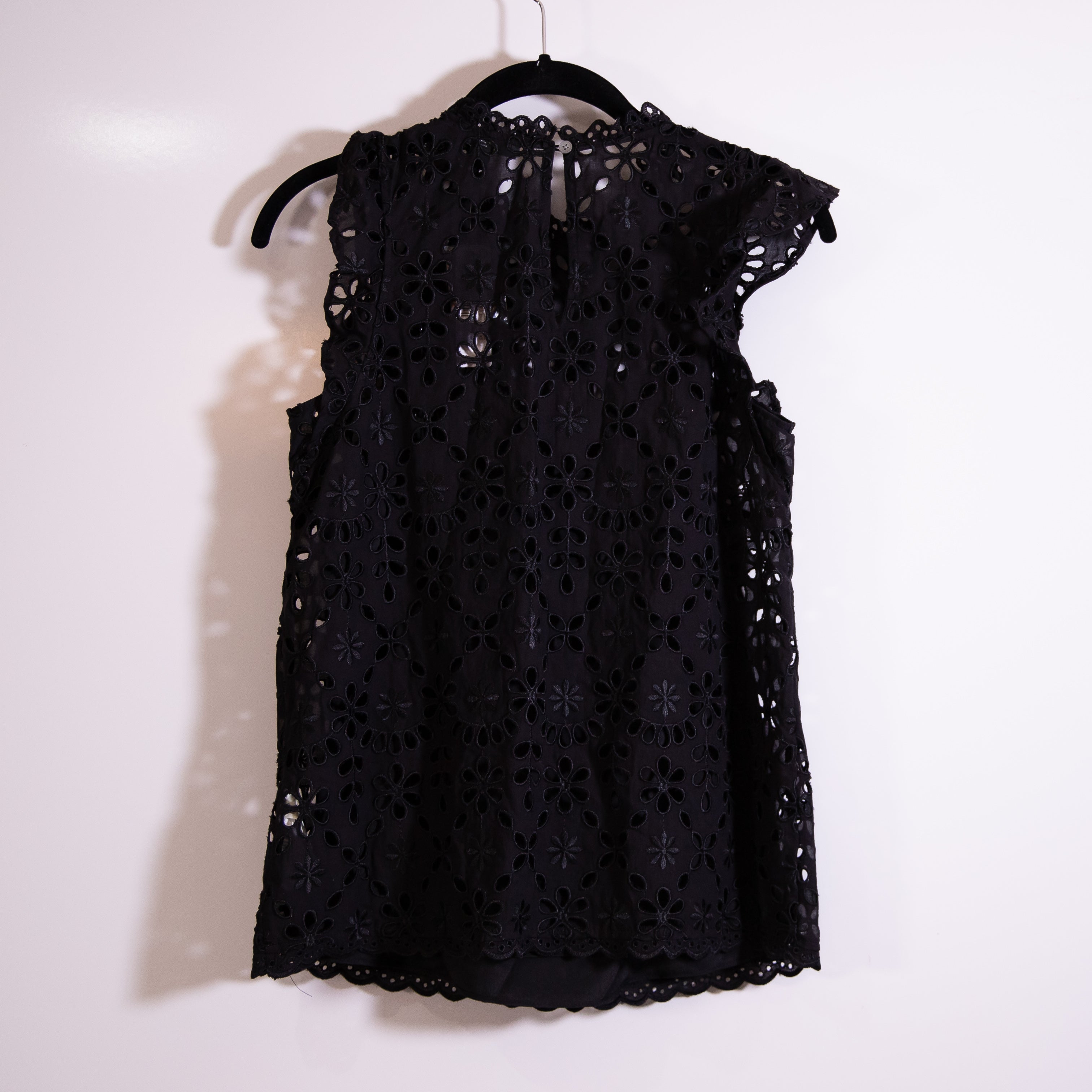 NEW J. Crew Cotton Mockneck Ruffle Short Sleeve Embroidered Eyelet Blouse Black