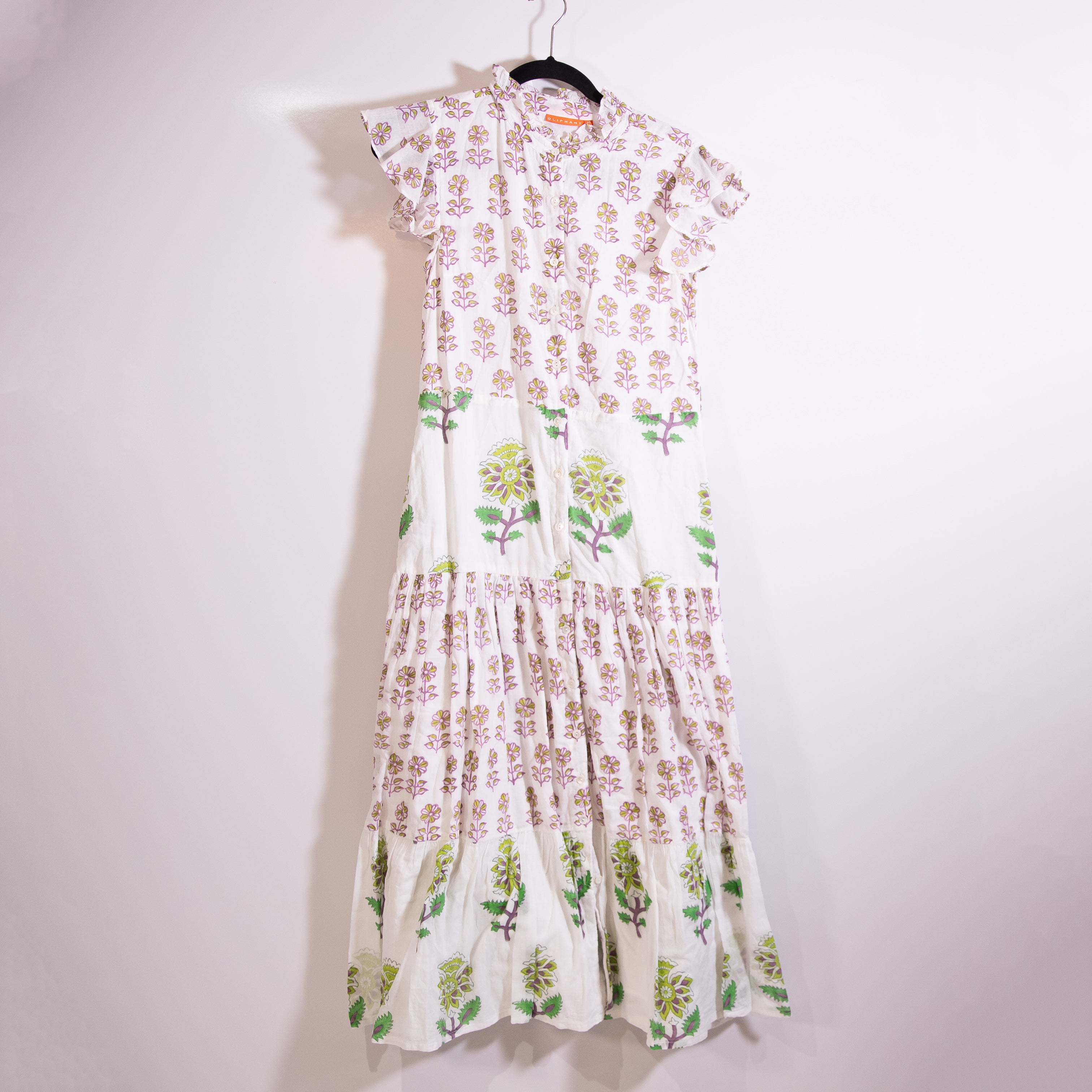 Oliphant Ruffle Collar Button Pullover Tiered Maxi Dress Puglia Lime Print XS