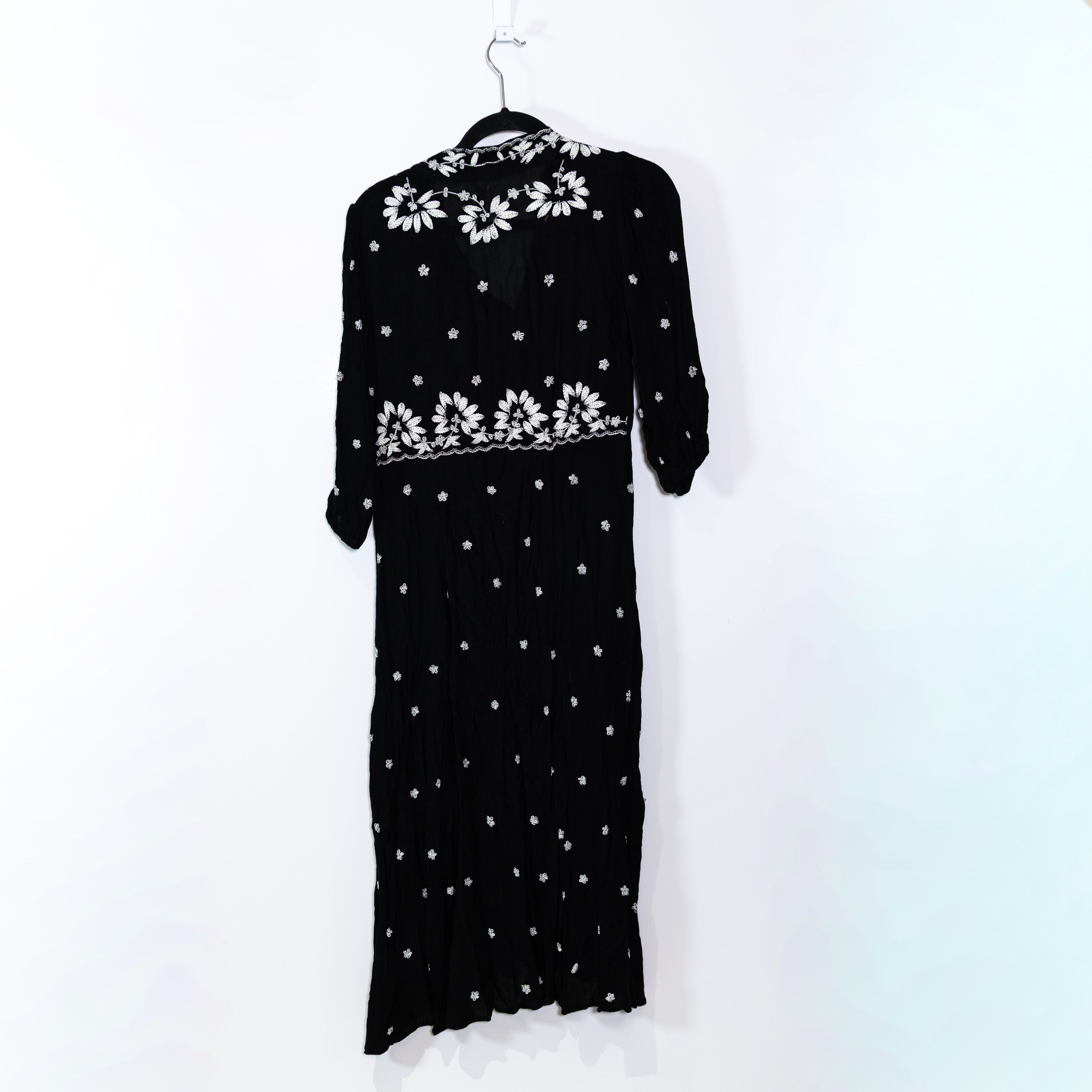 Free People Fable Floral Flower Embroidered Gauze Pullover Maxi Dress Black XS