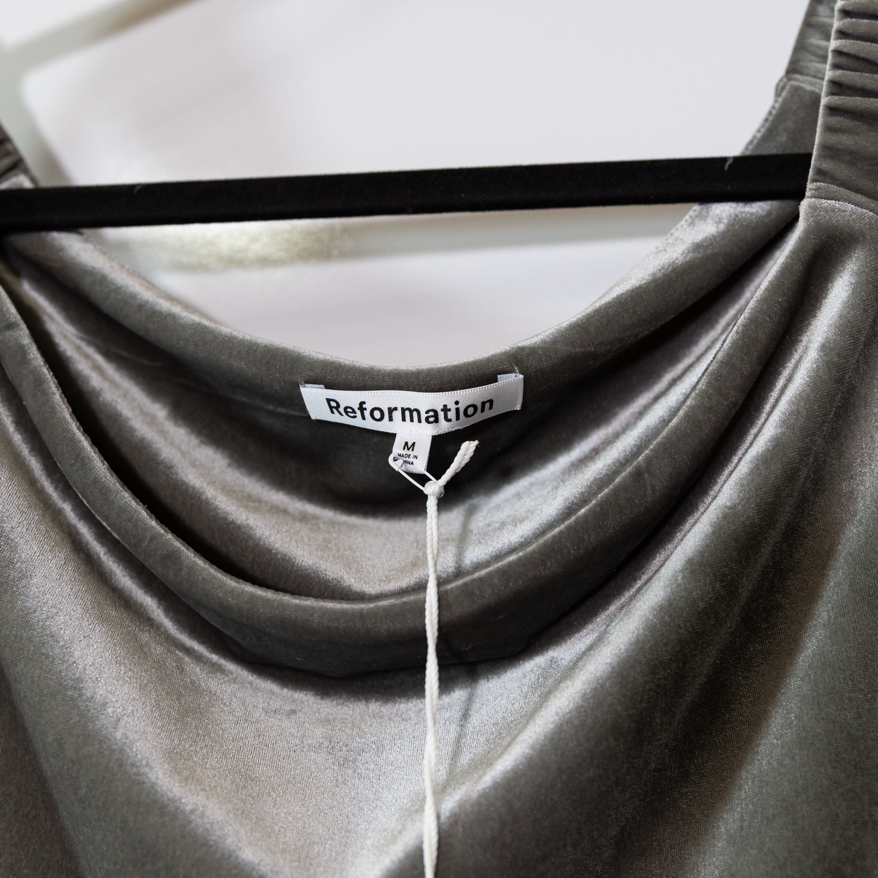 NEW Reformation Ritz Knit Stretch Velvet Velour Ruched Midi Dress Grey Medium