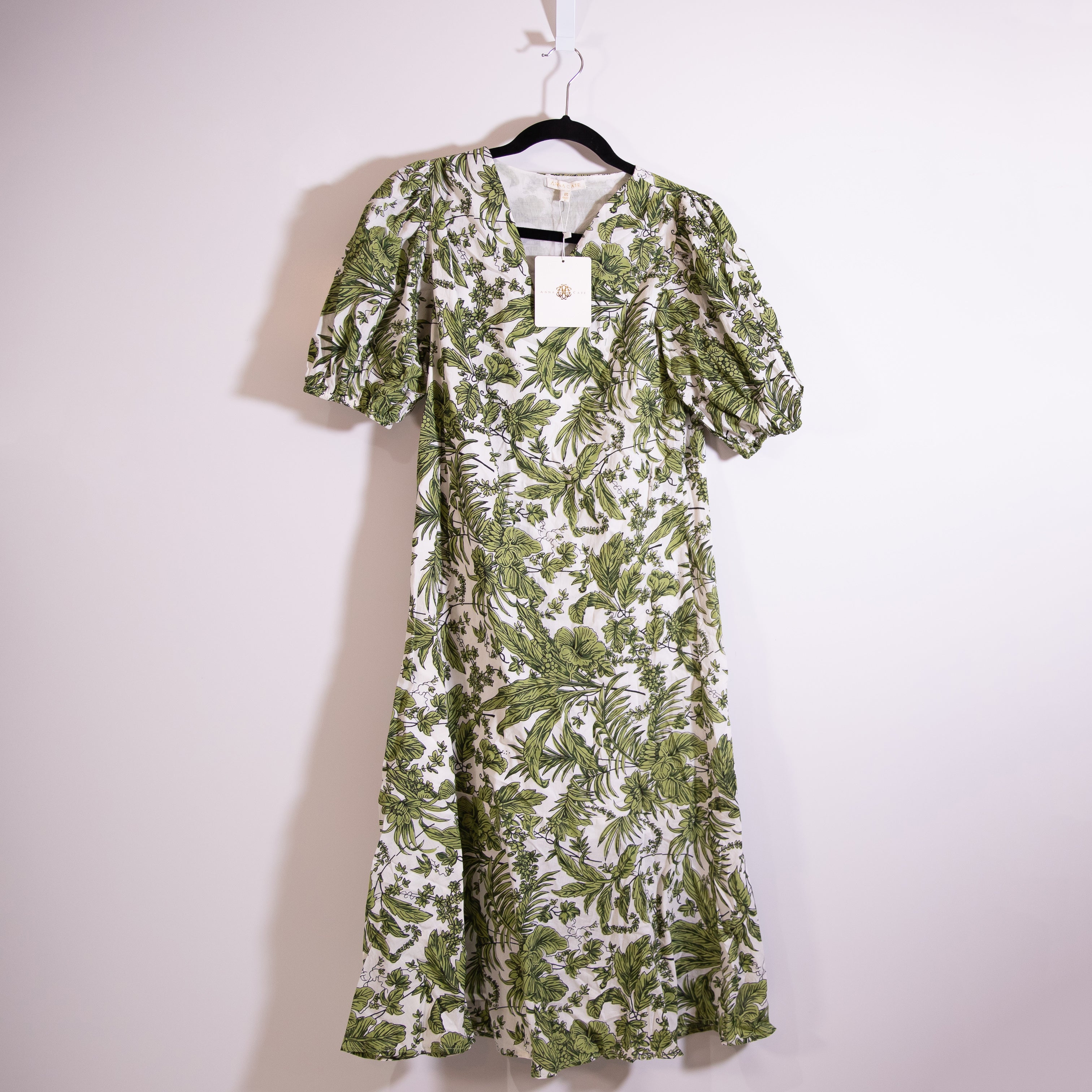 NEW Anna Cate Myers Green White Leaf Palm Frond Print Cotton Midi Dress XS