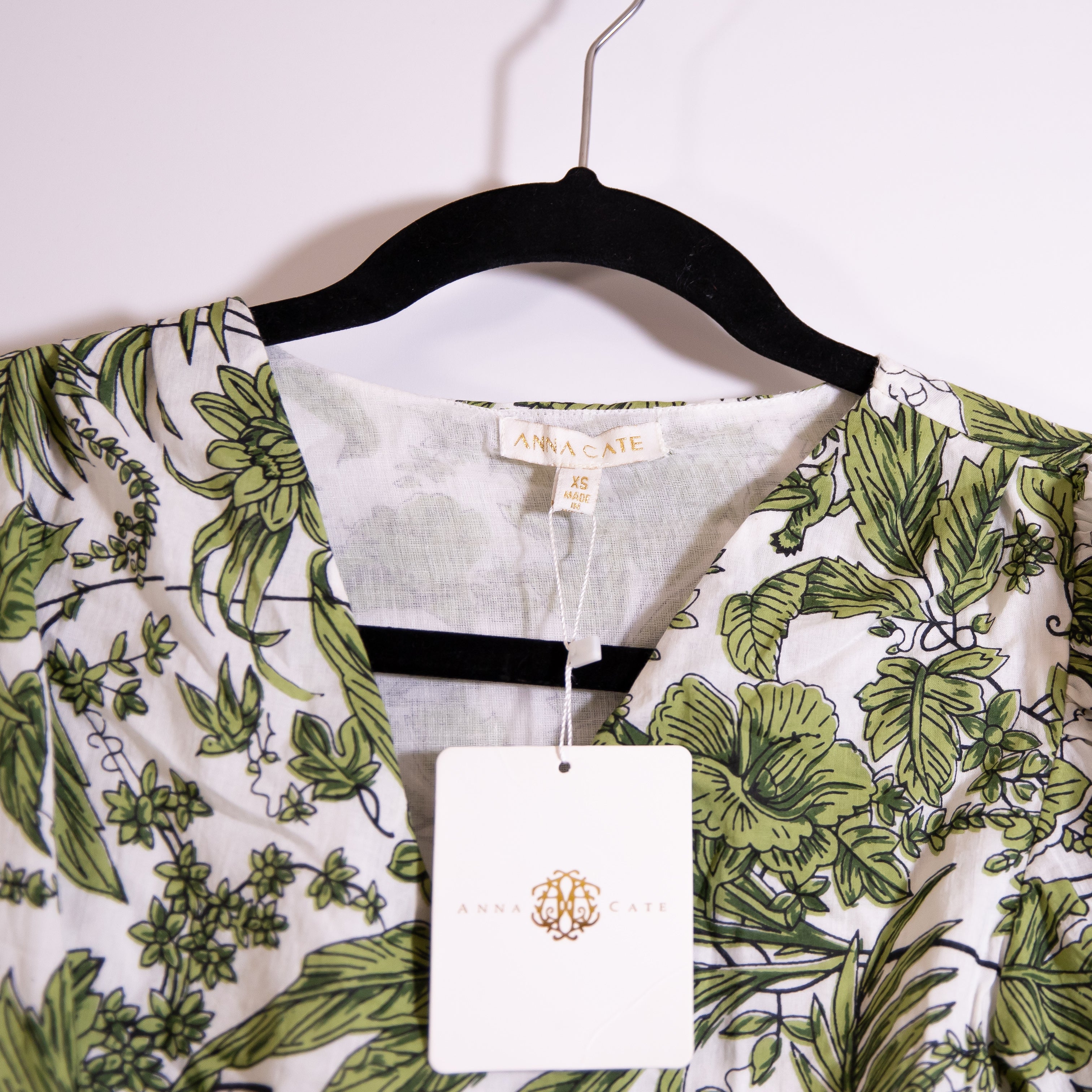 NEW Anna Cate Myers Green White Leaf Palm Frond Print Cotton Midi Dress XS