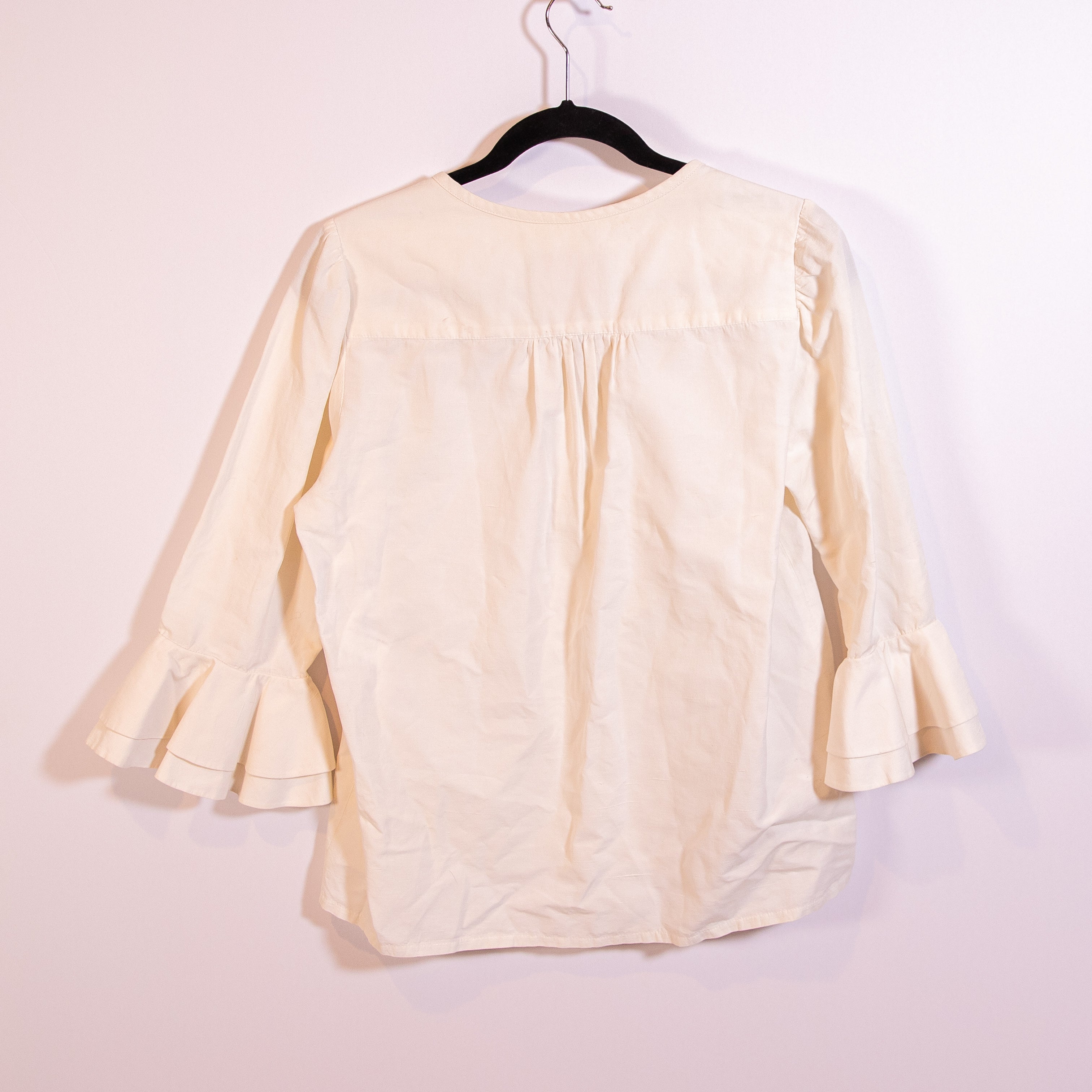 Dovima Cotton Linen Silk Quarter Button Pullover Ruffle Sleeve Blouse Ivory