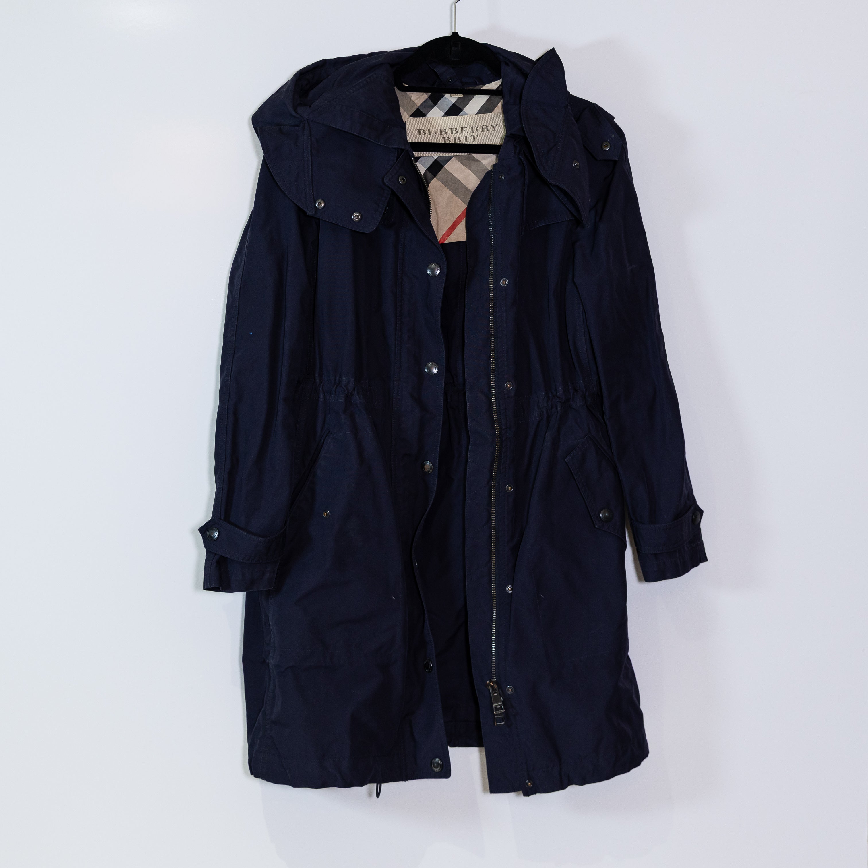 Burberry Brit Women's Full Zip Hooded Water Resistant Rain Trench Coat Jacket M