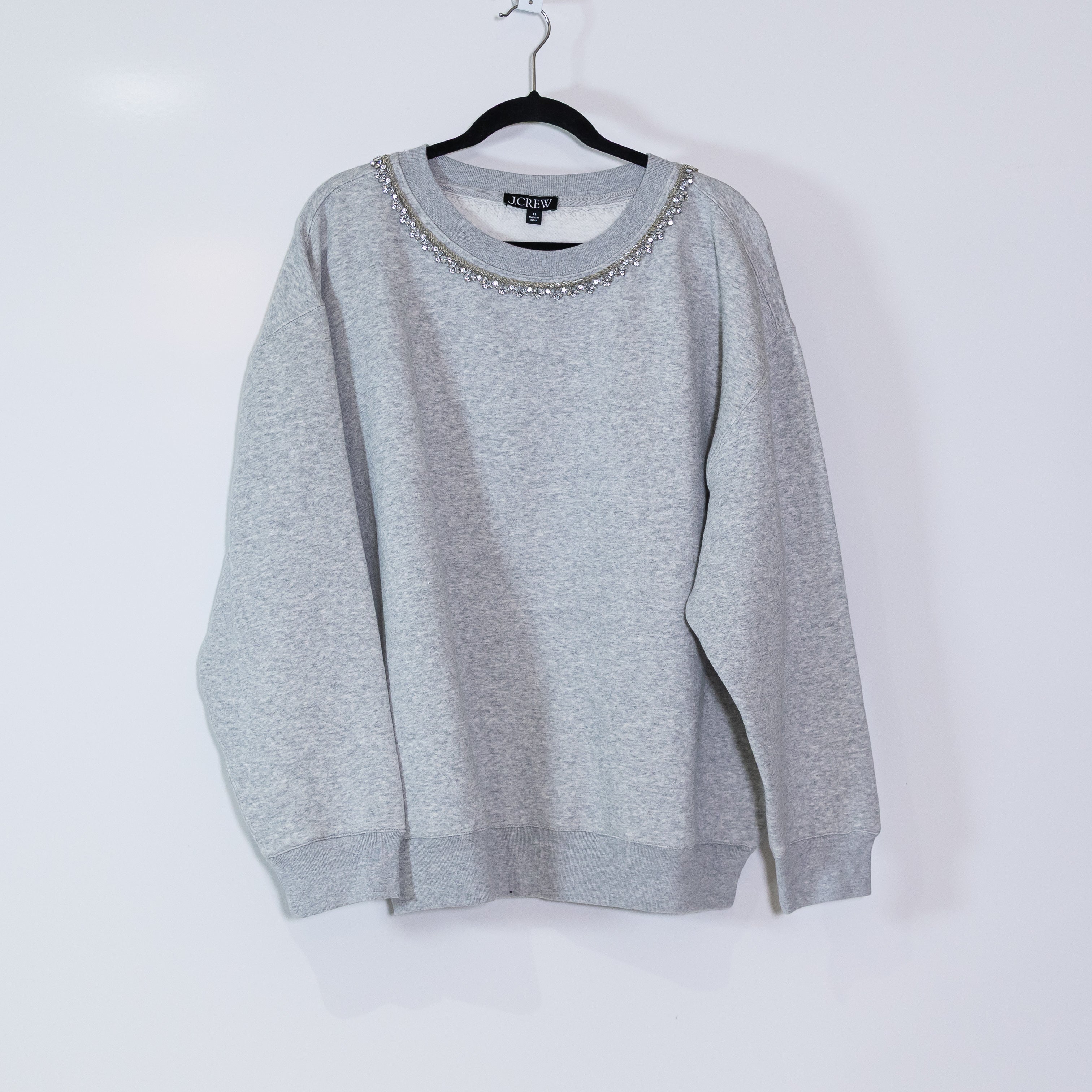NEW J. Crew Heritage Fleece Crystal Jewel Rhinestone Crew Neck Sweater Gray XL