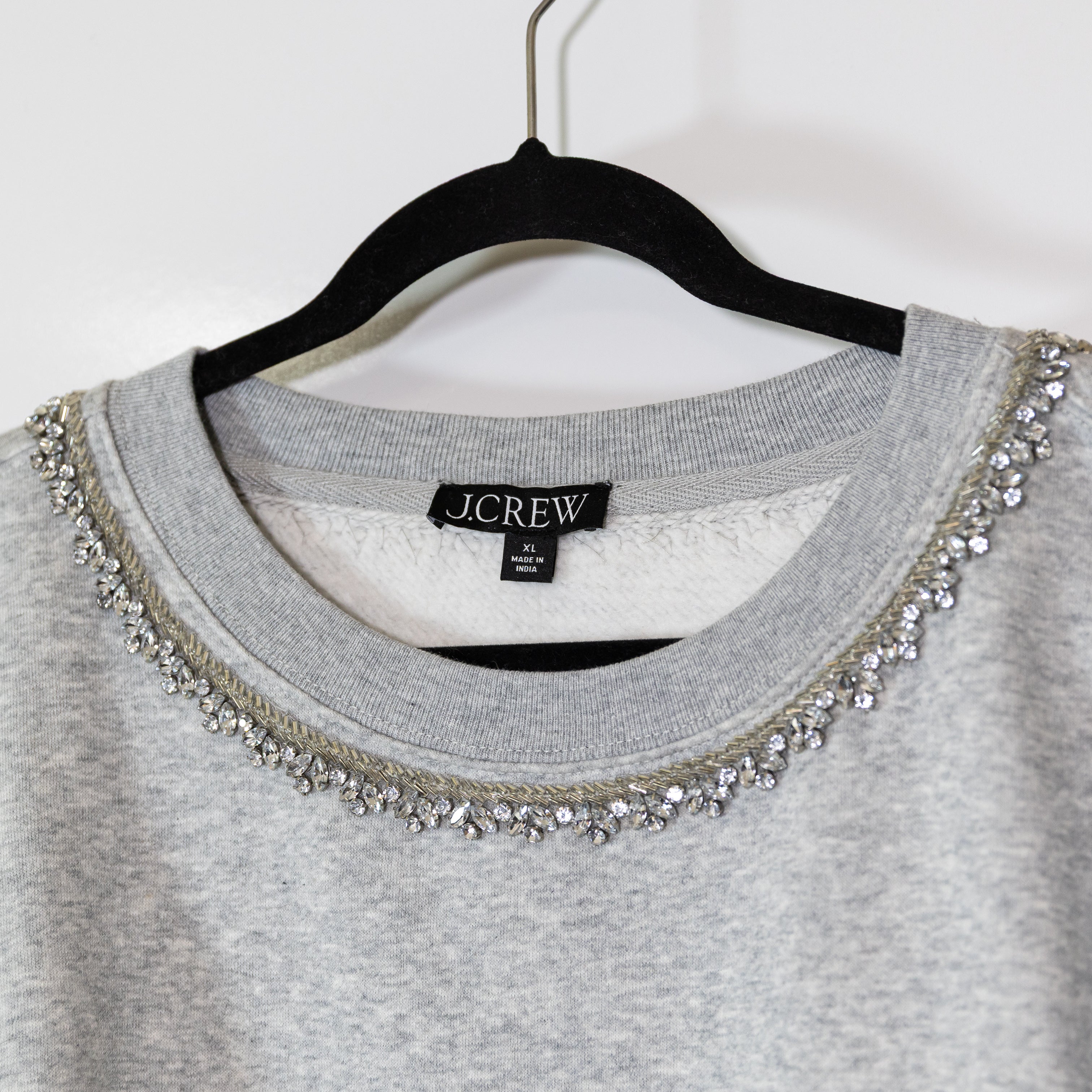 NEW J. Crew Heritage Fleece Crystal Jewel Rhinestone Crew Neck Sweater Gray XL