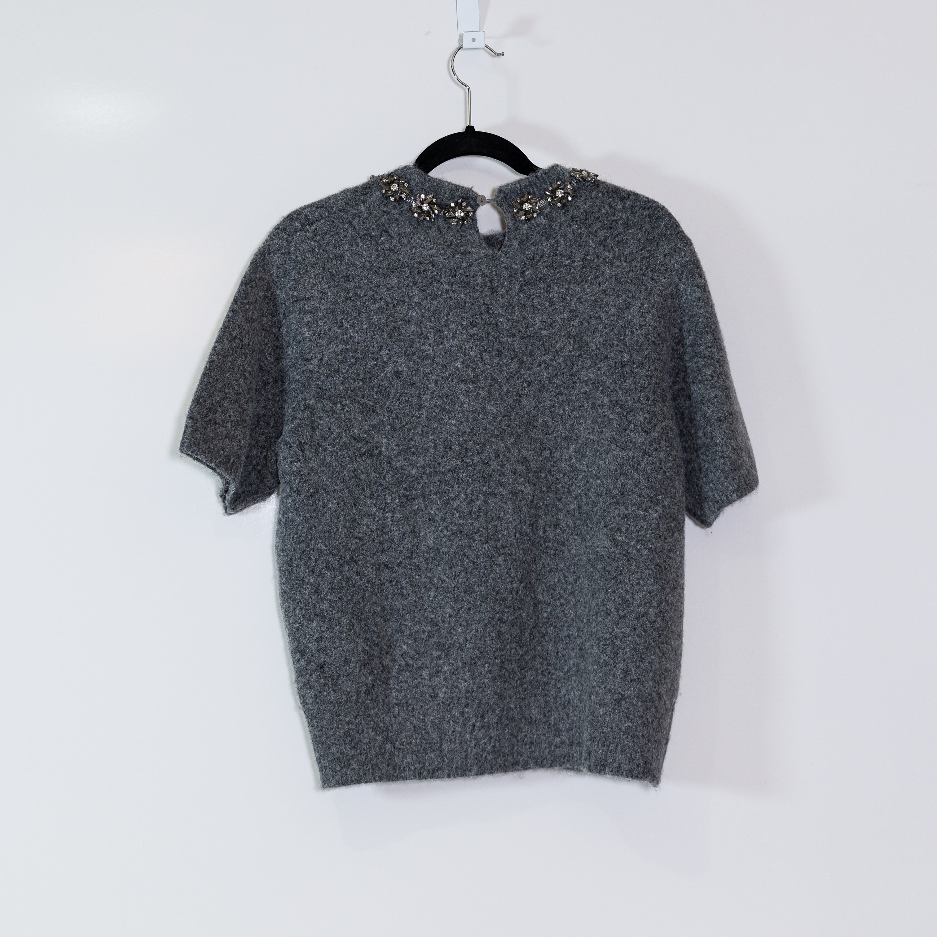 NEW Zara Crystal Jewel Rhinestone Embellished Crew Neck Wool Blend Knit Sweater