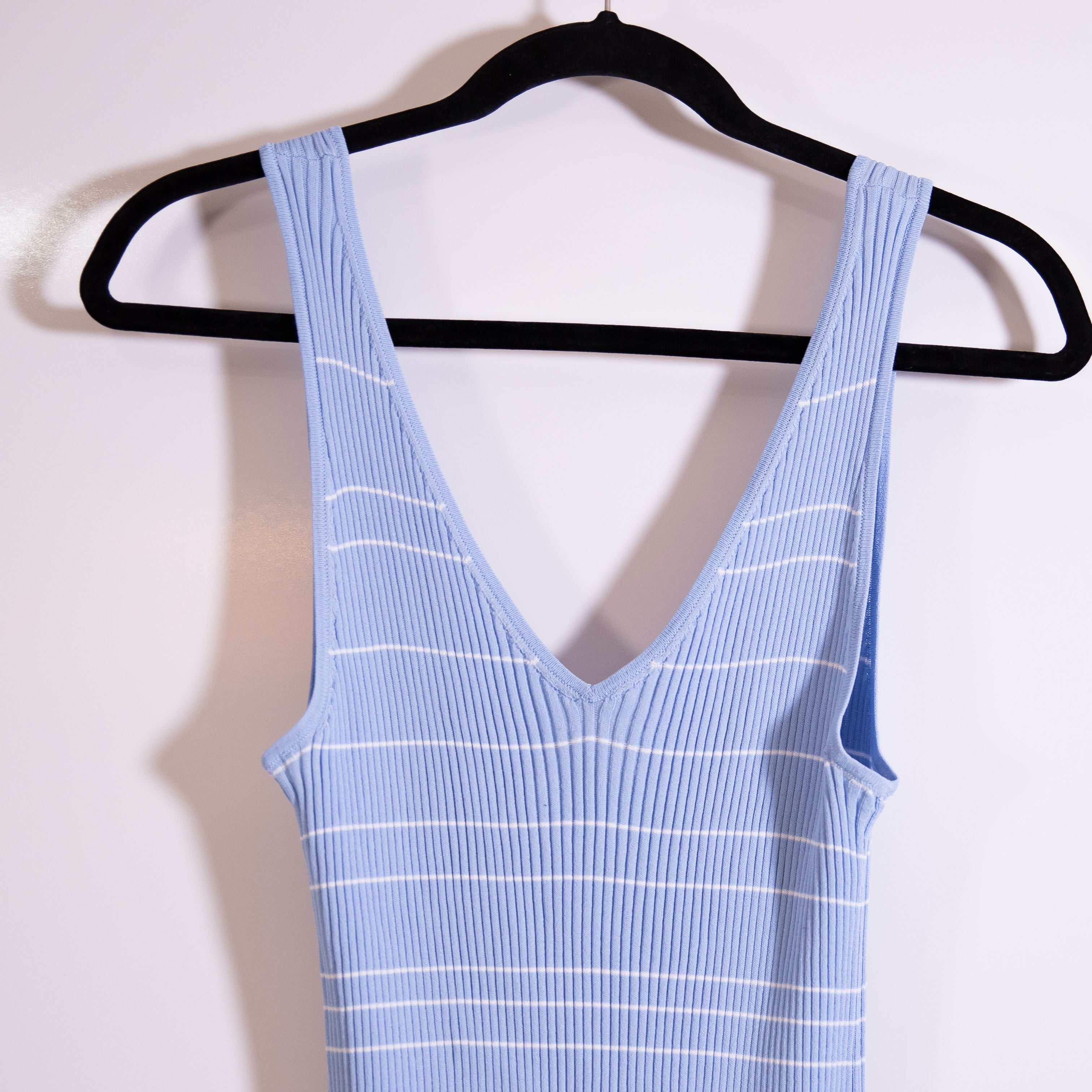 Staud Dana Blue White Stripe Sweater Knit Stretch V Neck Bodycon Midi Dress M