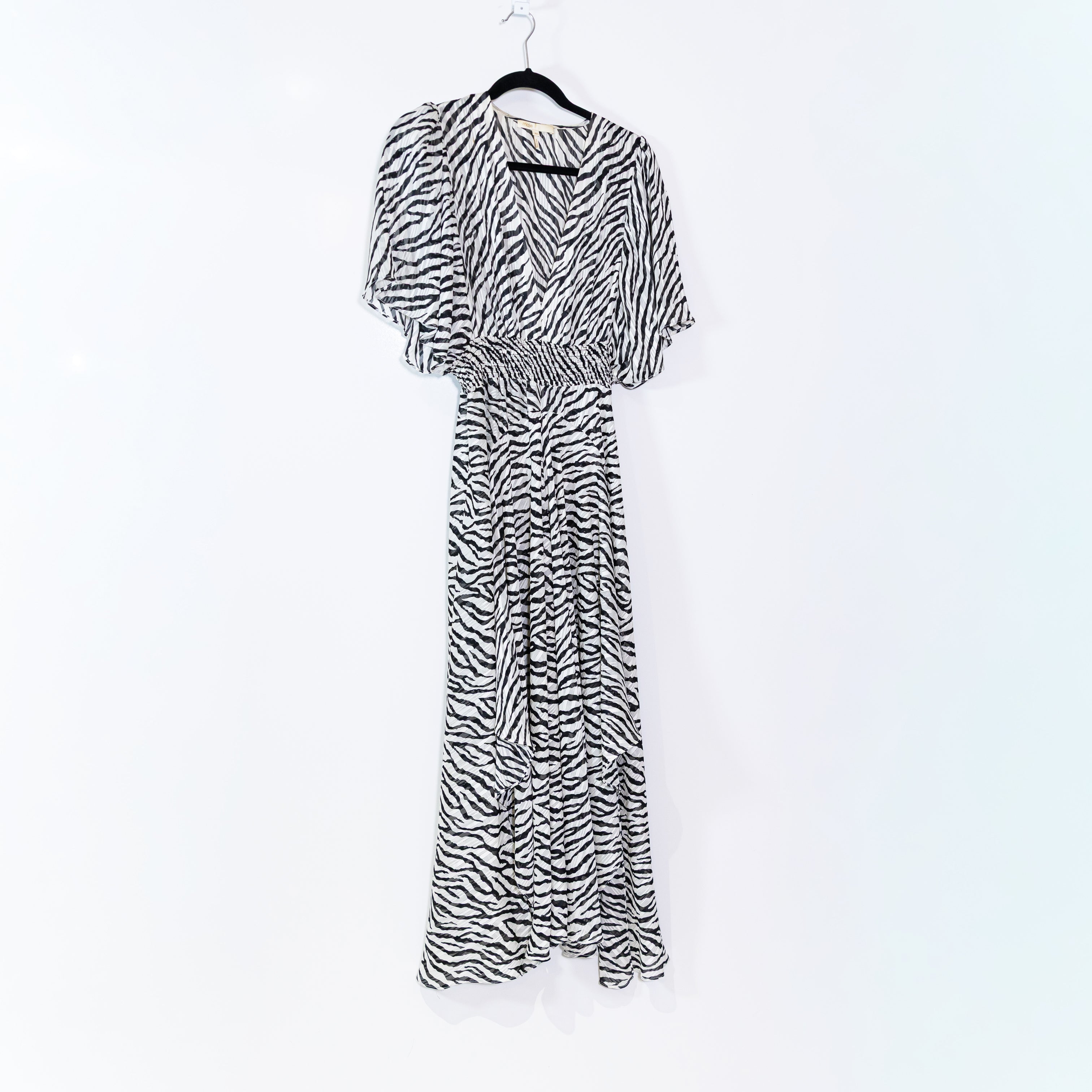 Maje Rachel Smocked Waist Flutter Half Sleeve Chiffon Zebra Print Midi Dress XL
