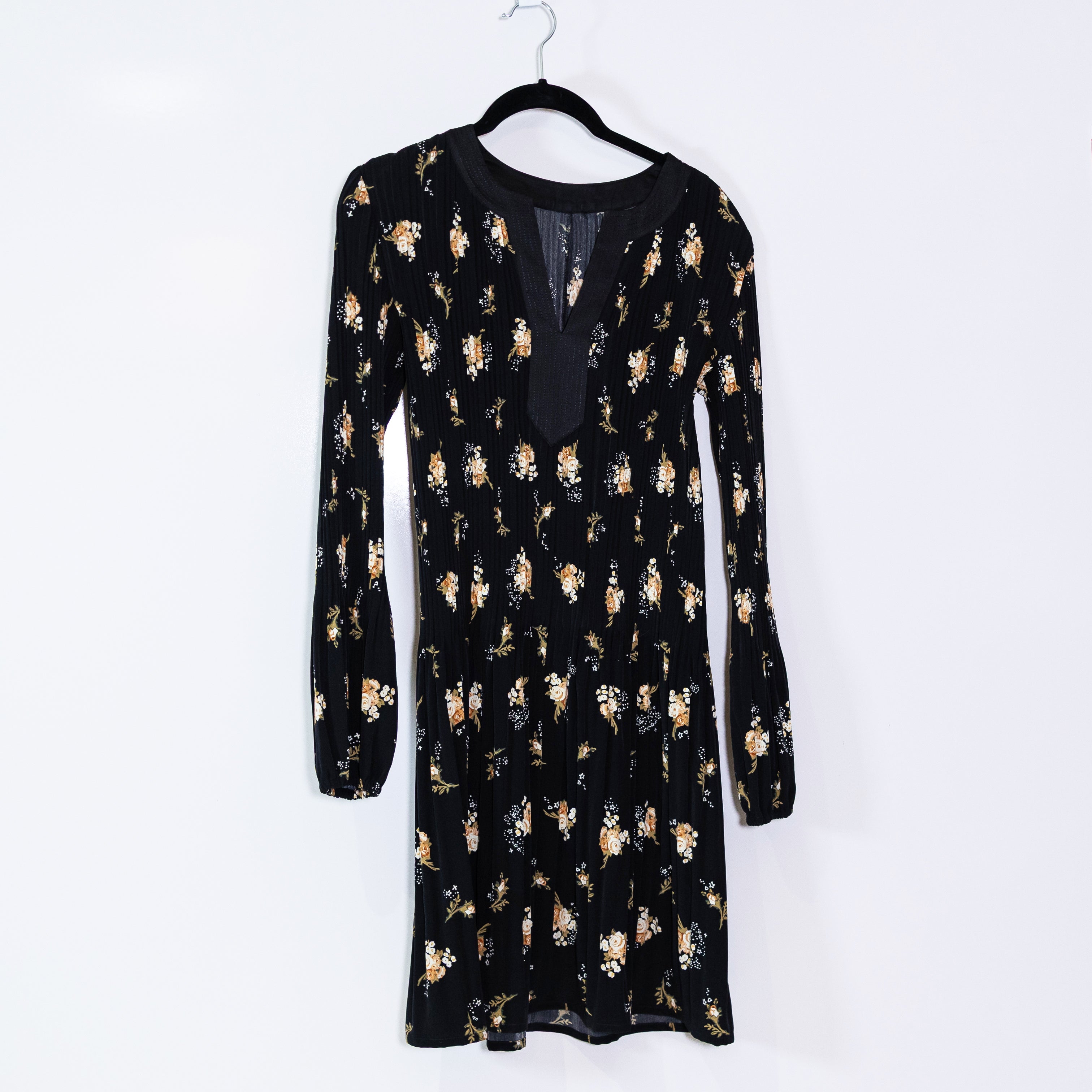 Maje Floral Flower Print Pattern Pleated Chiffon V Neck Pullover Midi Dress L