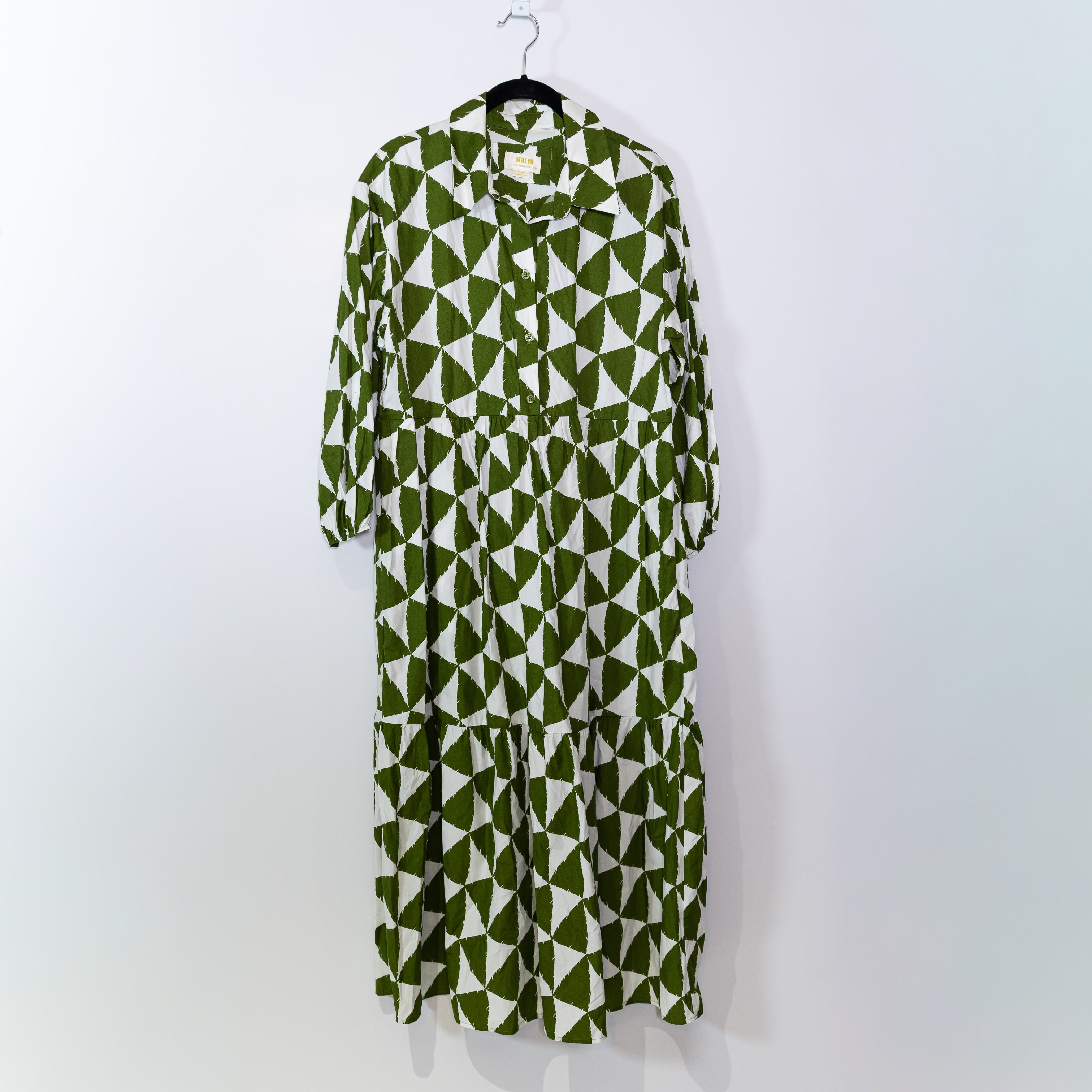 Maeve Anthropologie The Bettina Cotton Poplin Tiered Pullover Shirt Dress Green
