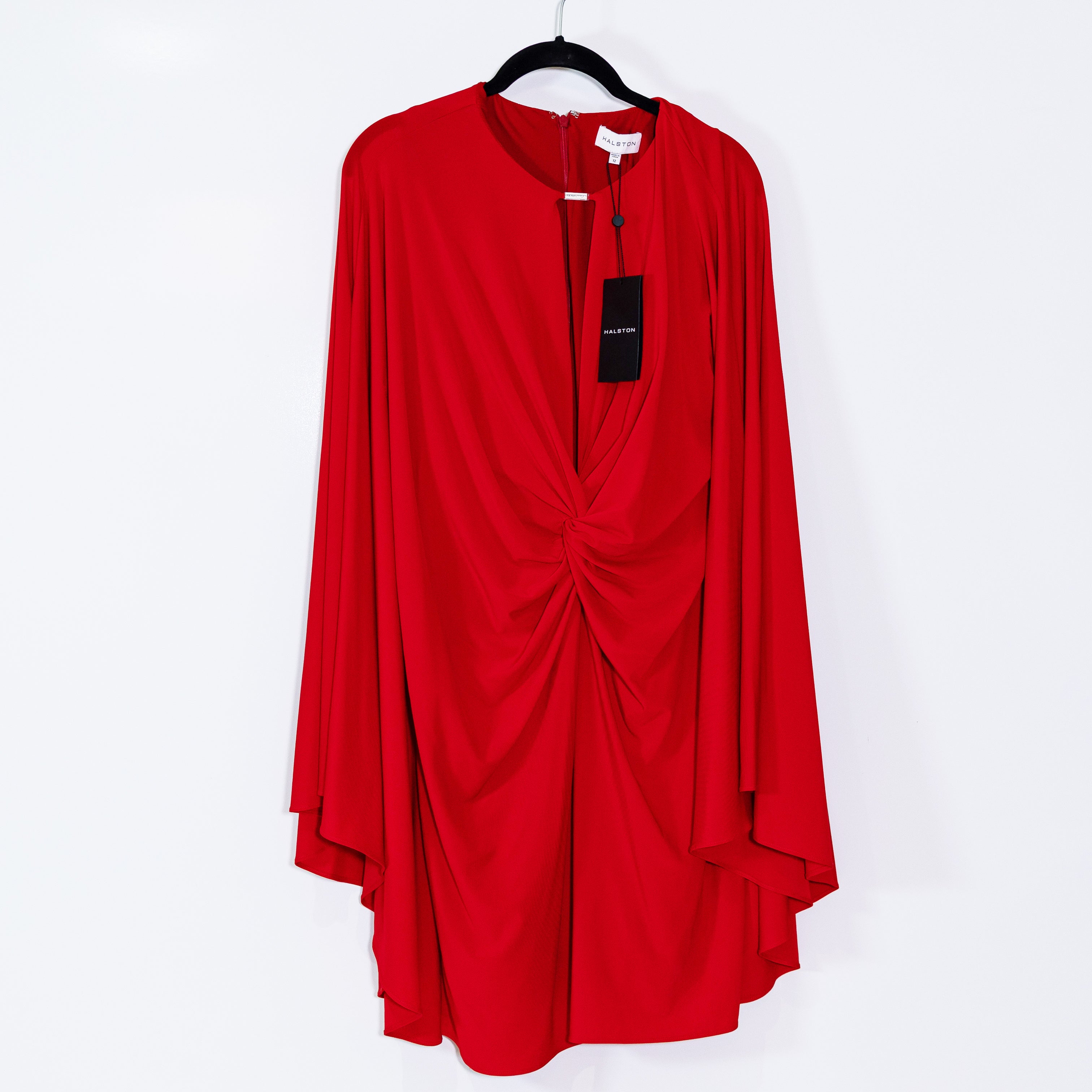 NEW Halston Carolina Jersey Knit Stretch Capelet Mini Dress Solid Red 12
