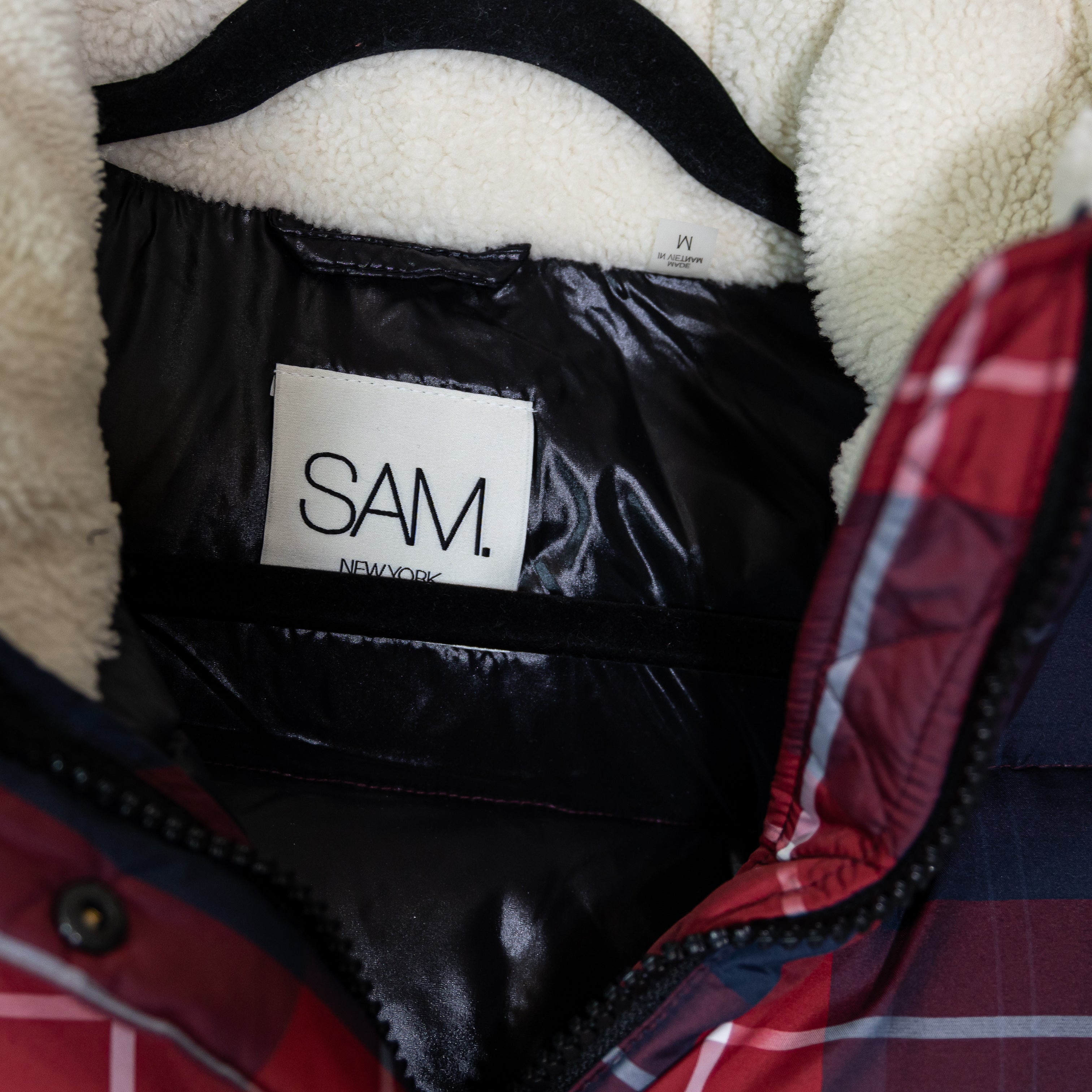 SAM. Mackenzie Shearling Lined Goose Down Quilted Water Resistant Jacket Plaid M