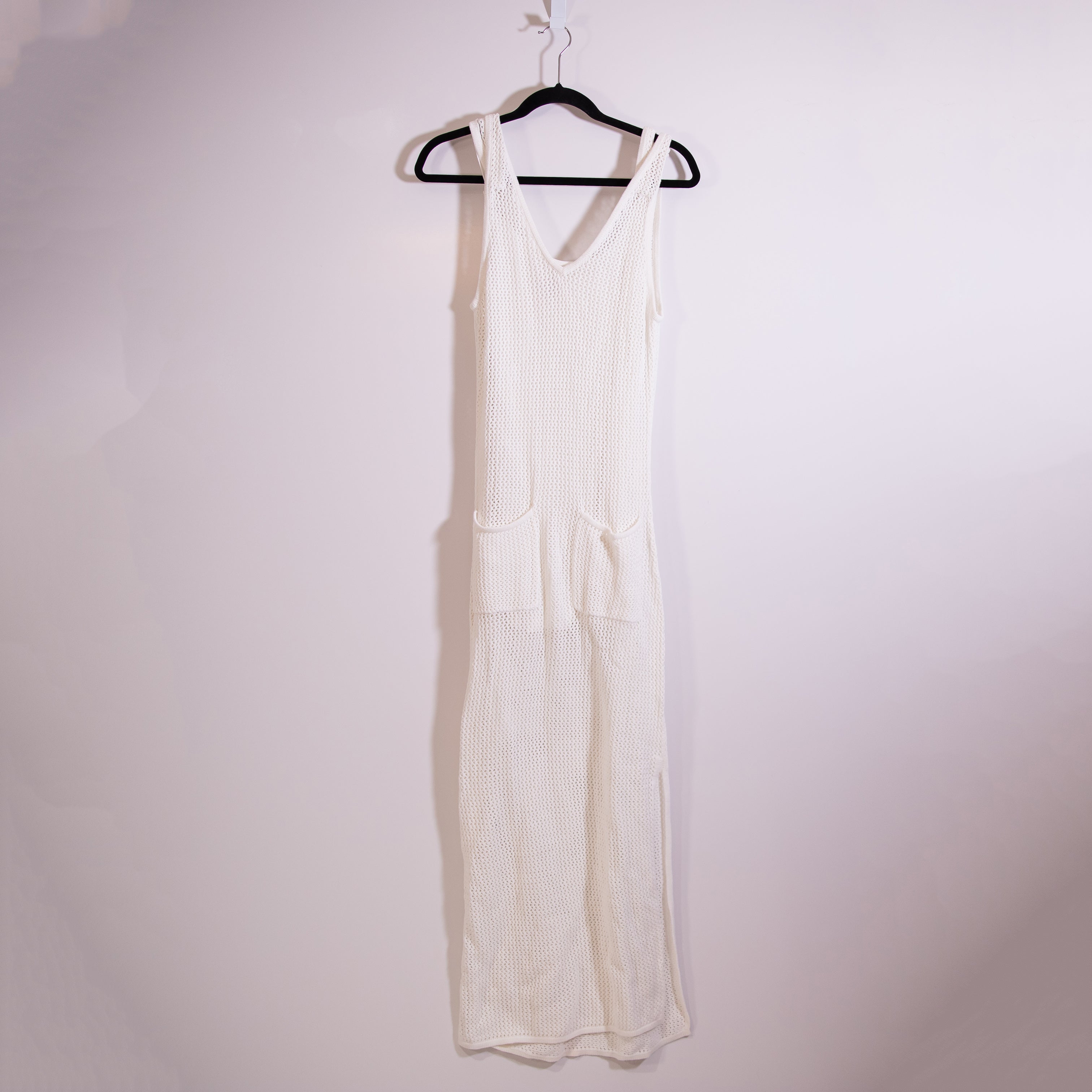Staud Current Mesh Crochet Knit Tie Shoulder Logo Embossed Maxi Dress White M