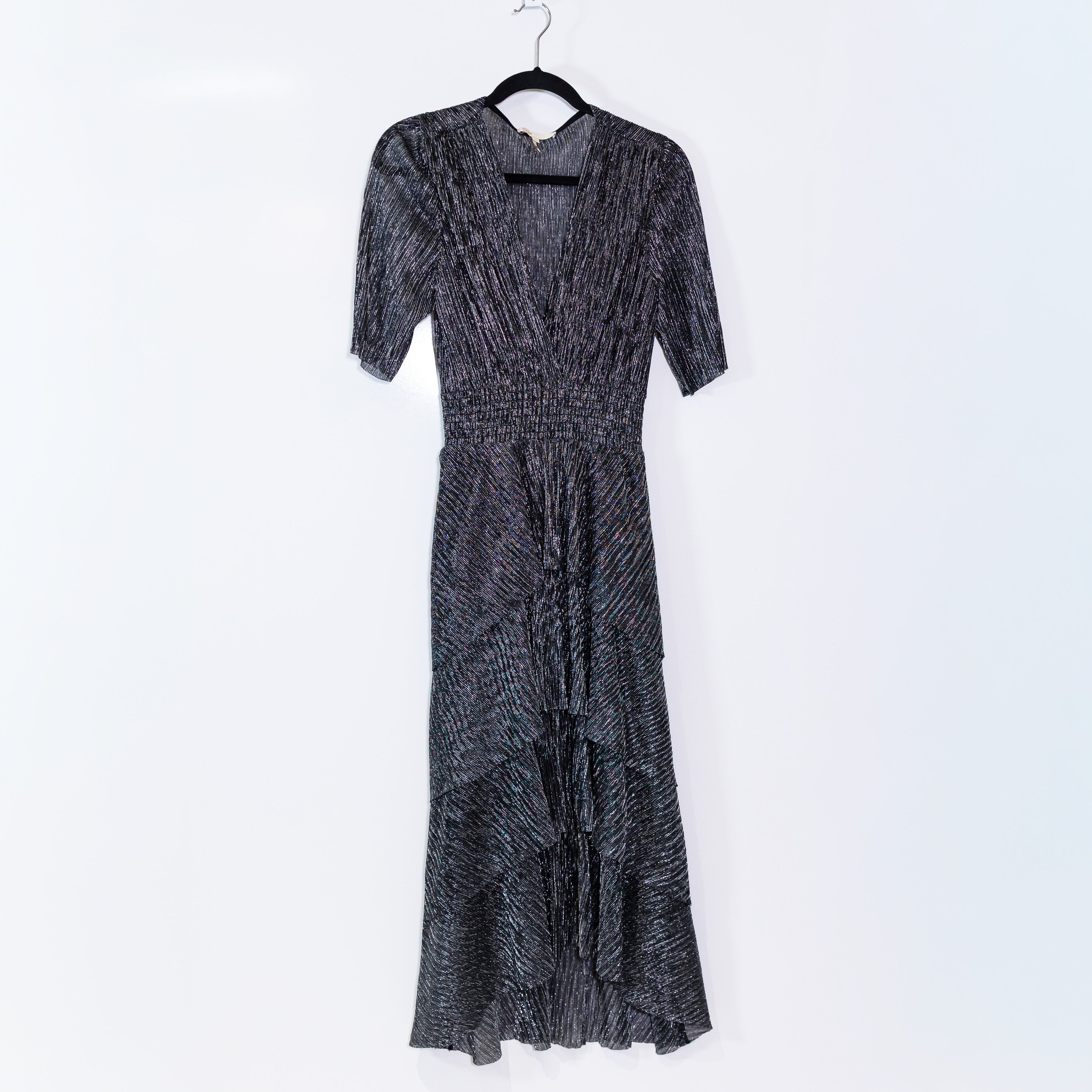 Maje Women's Silver Gray Metallic Sparkle V Neck Smocked Waist Midi Dress Large